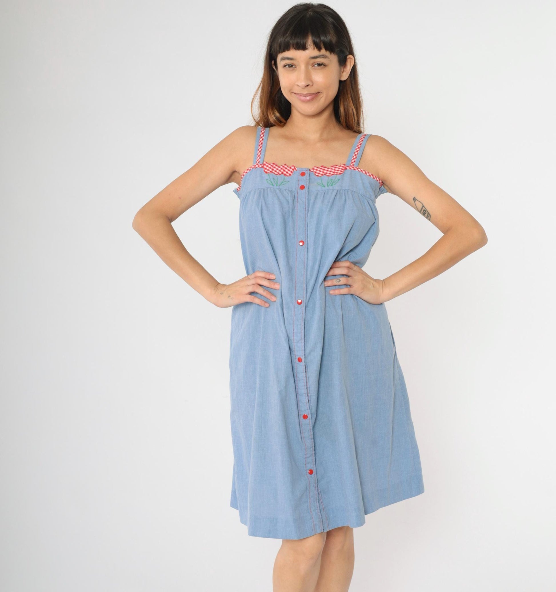 80s Blue Chambray Midi Dress Floral Embroidered Snap Button Sleeveless Small Medium