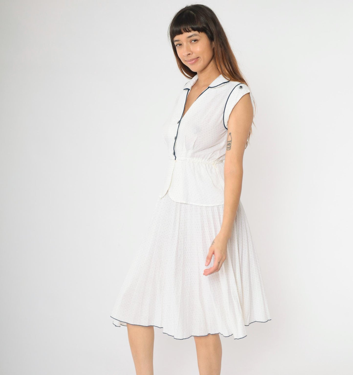 70s White Polka Dot Midi Dress Navy Piping Cap Sleeve Peplum Extra Small XS