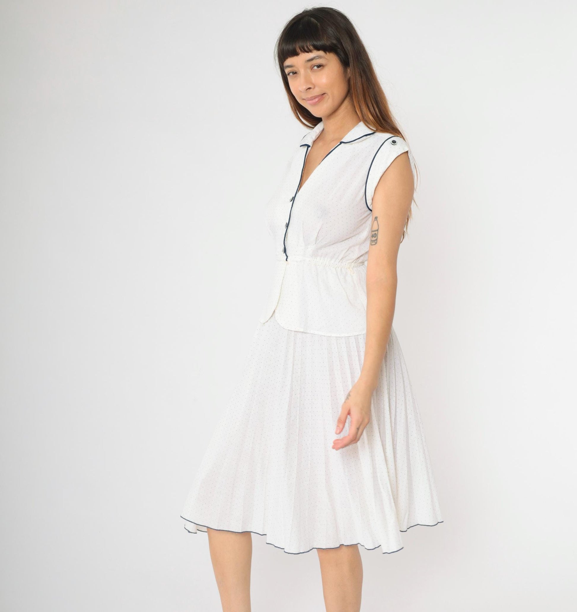 70s White Polka Dot Midi Dress Navy Piping Cap Sleeve Peplum Extra Small XS