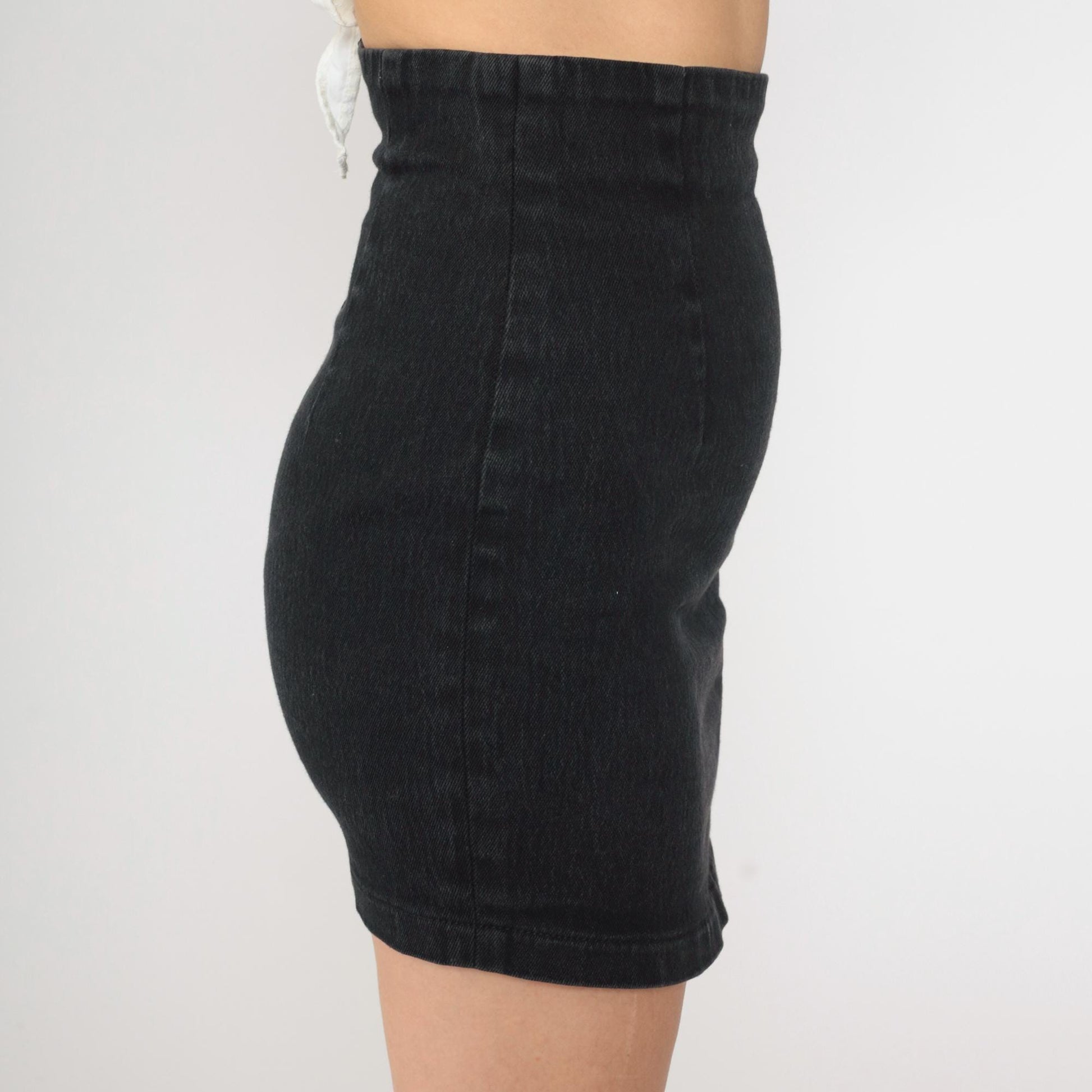 90s Black Denim Mini Skirt High Waist Bodycon Jean Skirt Extra Small