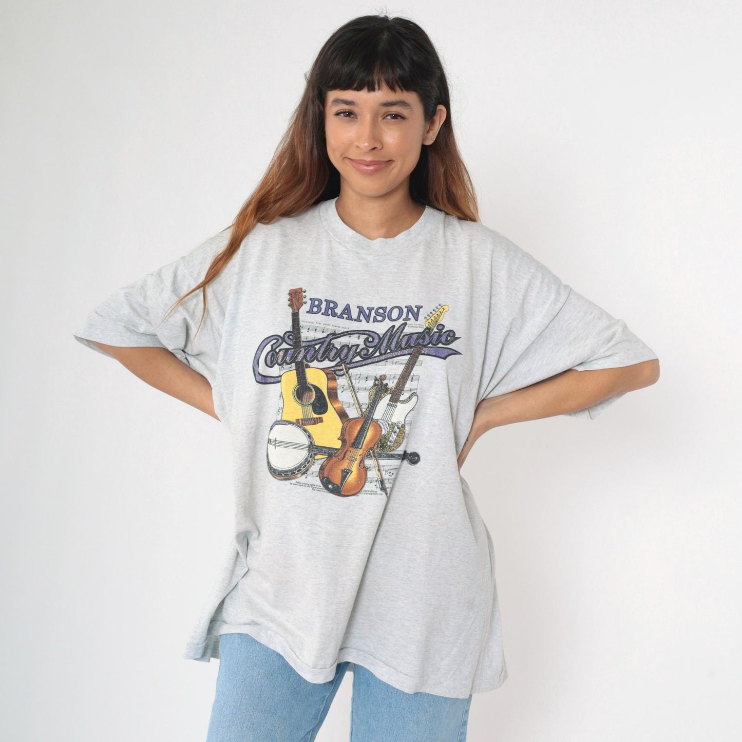 90s Branson Missouri Country Music Graphic T-Shirt Glitter Guitar Banjo Violin Grey Extra Extra Large XXL