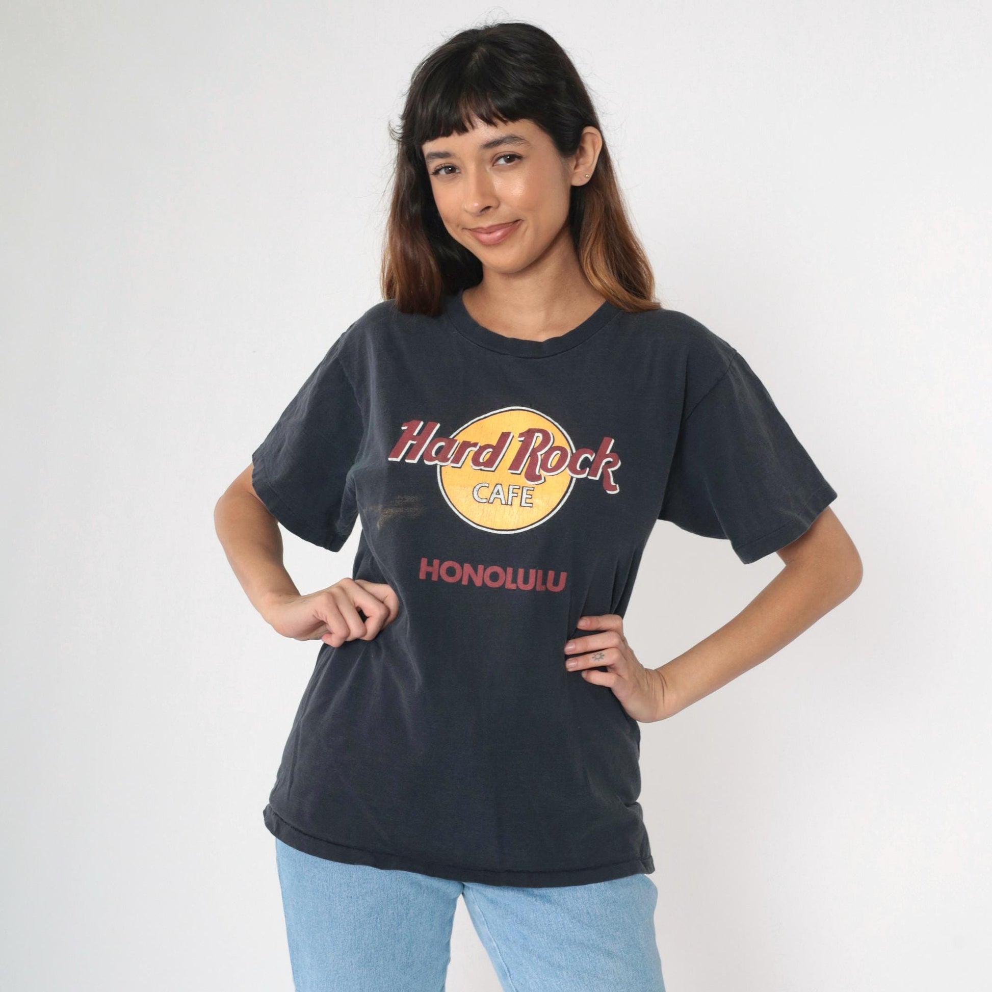 90s Hard Rock Cafe Honolulu Graphic T-Shirt Black Single Stitch Medium M
