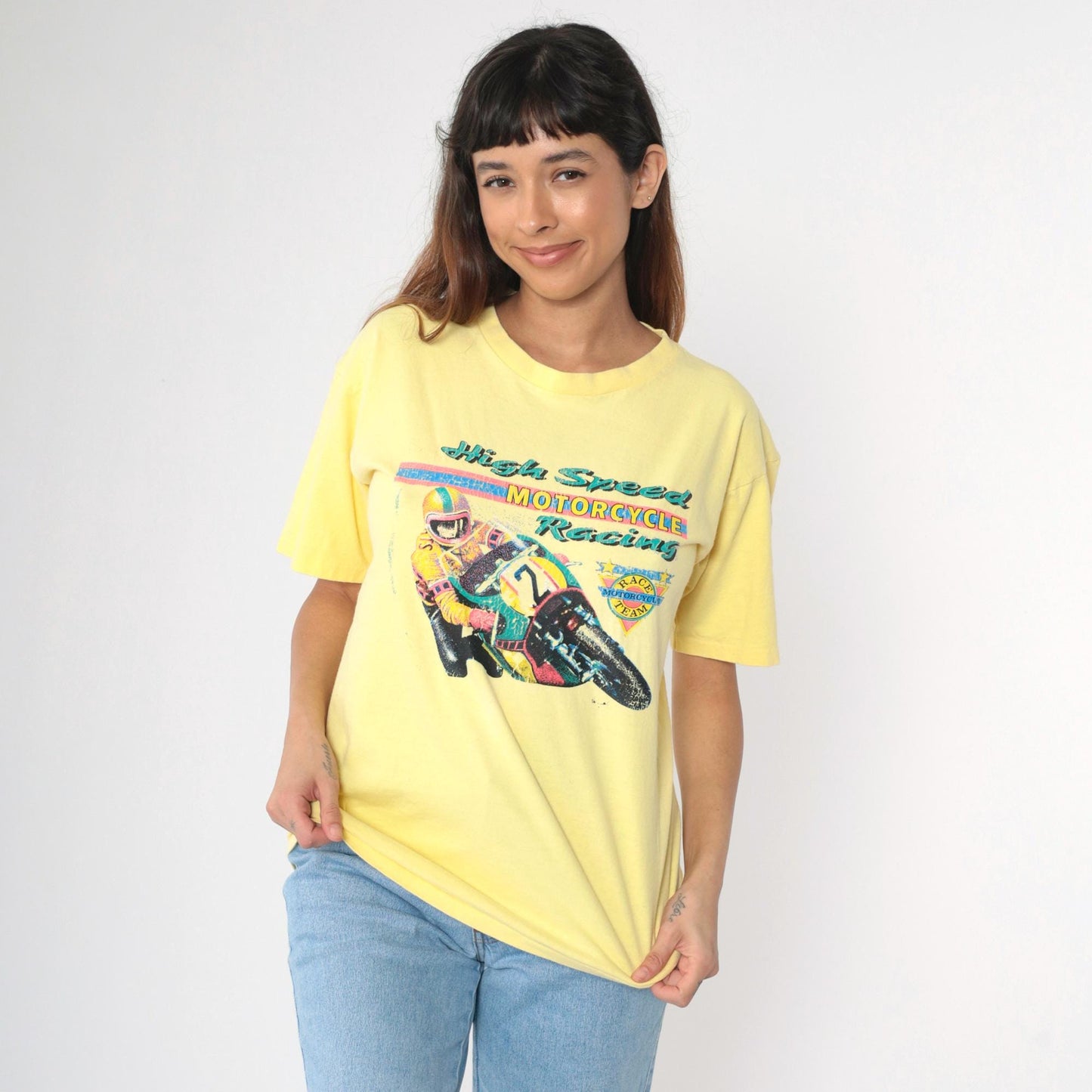 90s High Speed Motorcycle Racing Graphic T-Shirt Yellow Medium