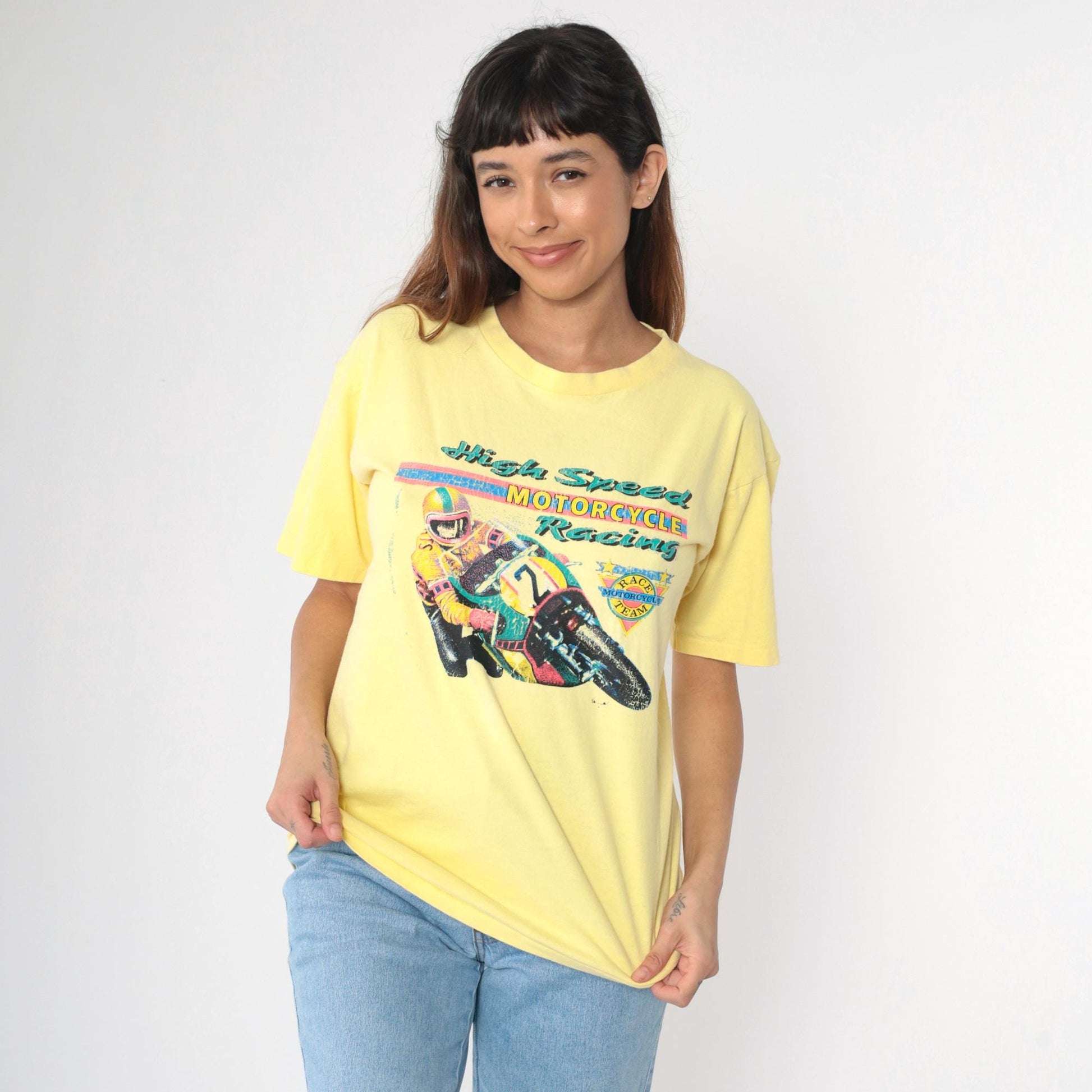 90s High Speed Motorcycle Racing Graphic T-Shirt Yellow Medium
