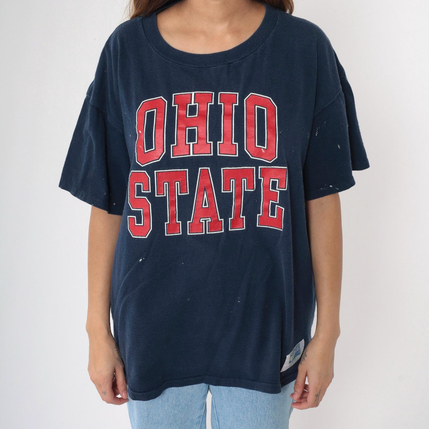 90s Ohio State Buckeyes Football Graphic T-Shirt Navy Distressed Cotton XXL