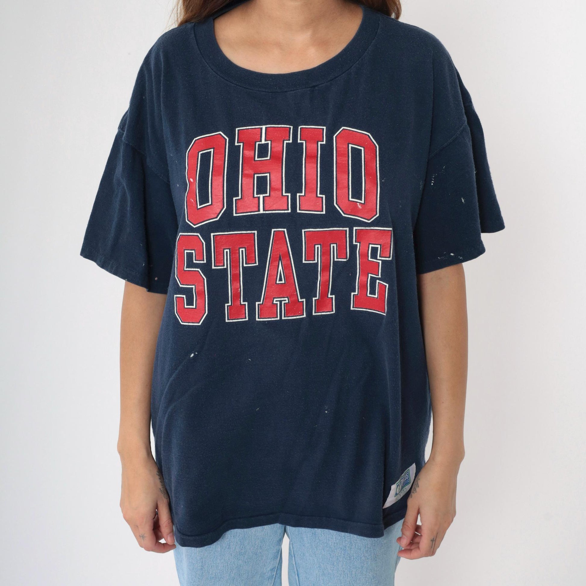 90s Ohio State Buckeyes Football Graphic T-Shirt Navy Distressed Cotton XXL