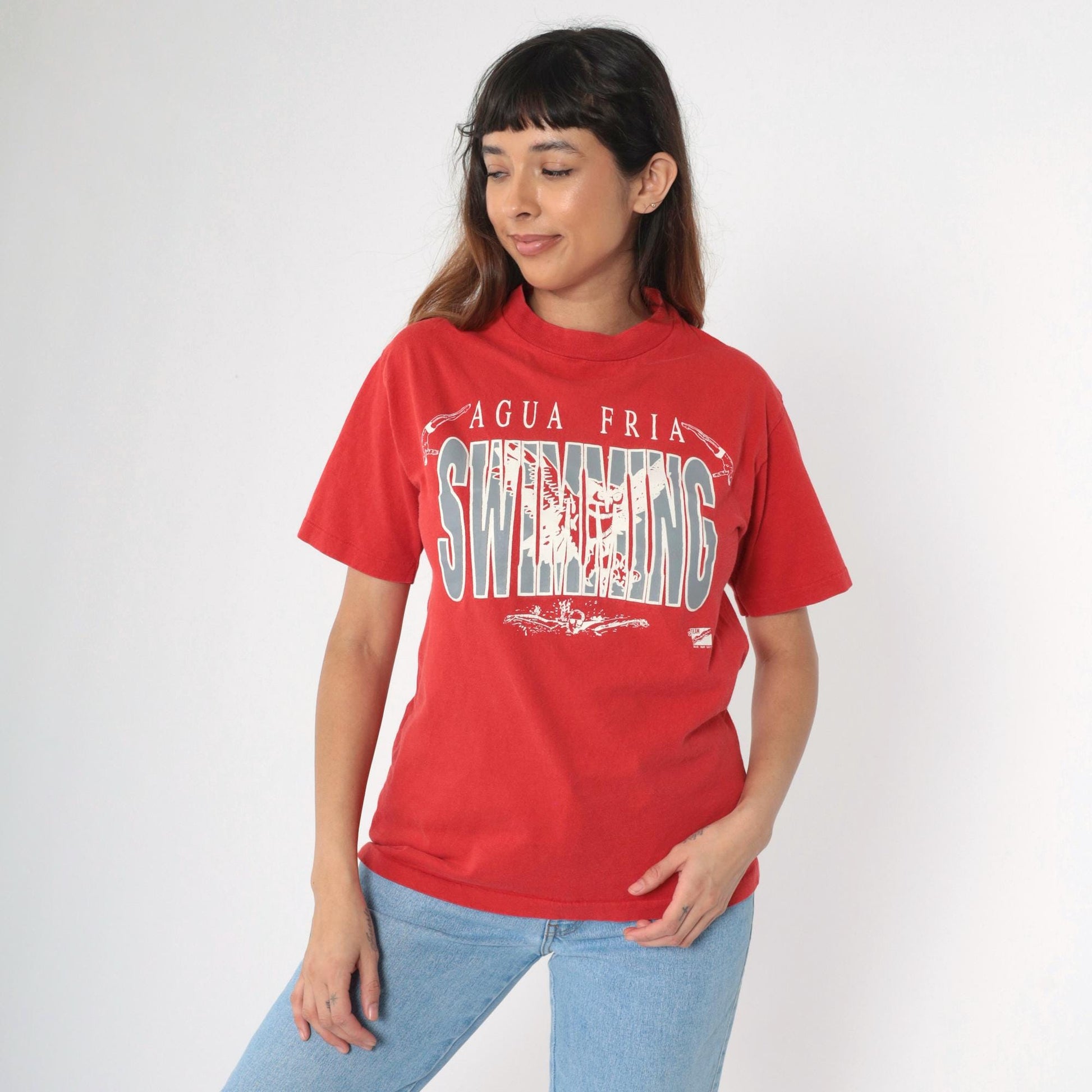 90s Agua Fria Swimming Owl Graphic T-Shirt Red Cotton Tee Medium M