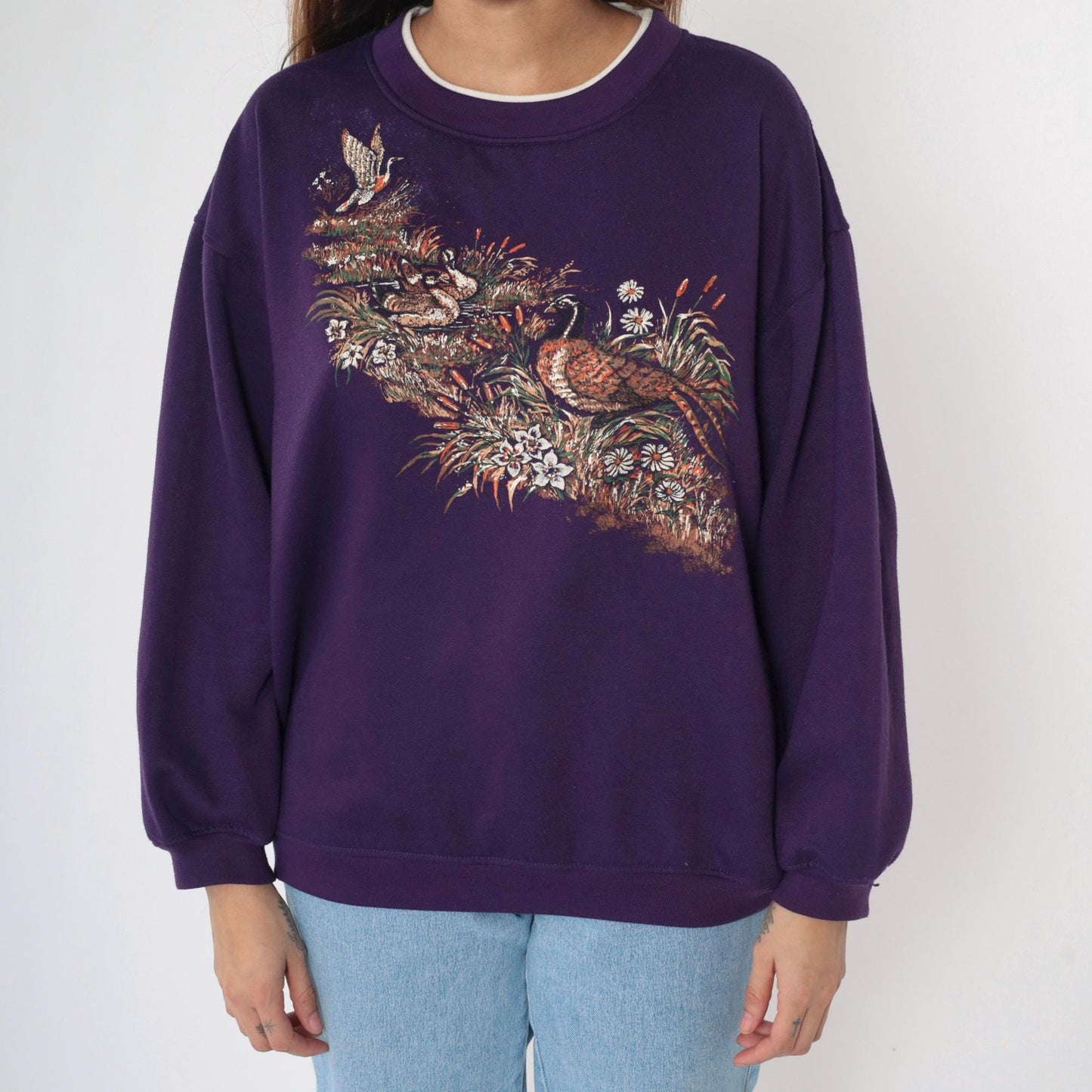 90s Duck Pheasant Waterfowl Graphic Sweatshirt Blue Crewneck Large