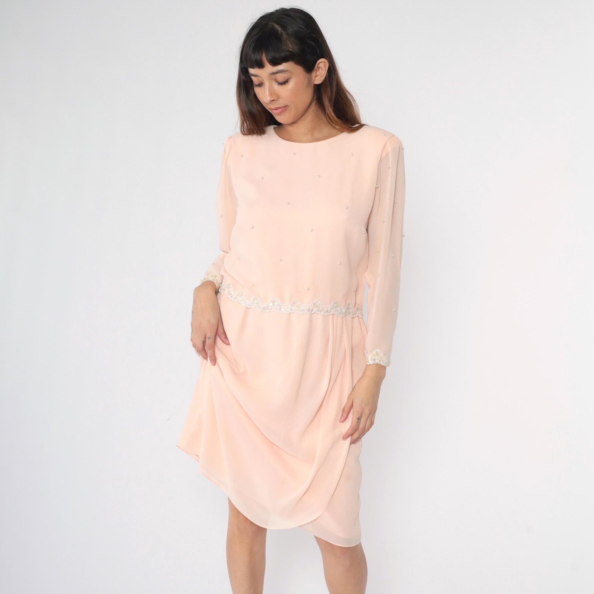 80s Miss Elliette Baby Pink Chiffon Midi Dress Puff Sleeve Beaded Sequin Medium