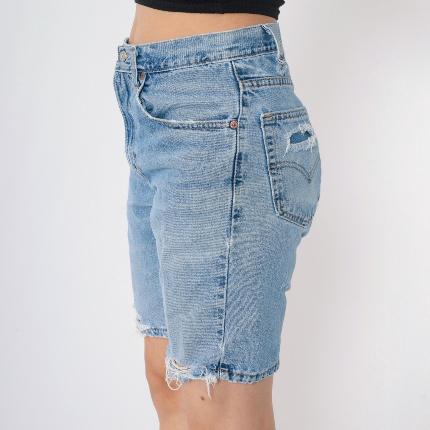 Levi's 505 Y2K Denim Shorts High Rise Distressed Blue Medium 32