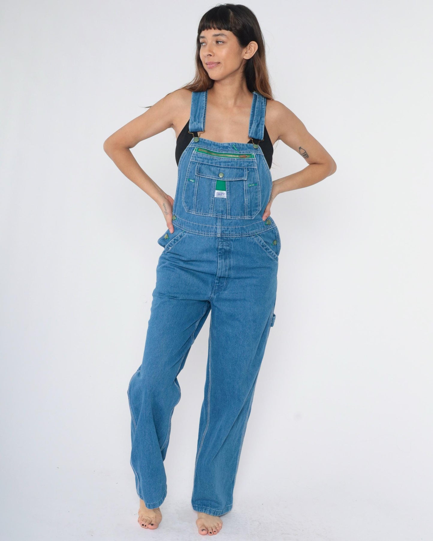 90s Liberty Men's Blue Denim Overalls Hammer Loop Carpenter Bibs Size 32
