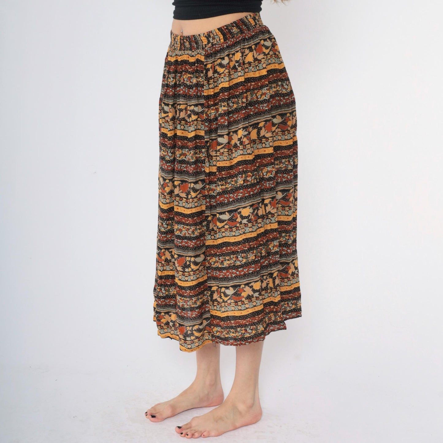 90s Michele Leslie Broomstick Midi Skirt Fall Leaf Print Mustard Orange Medium