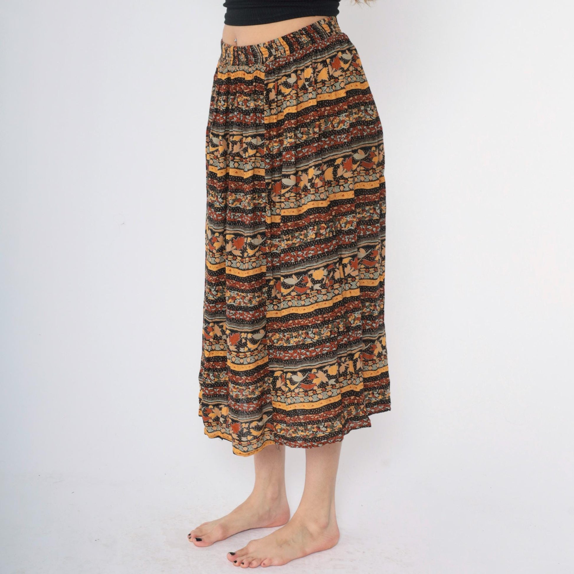90s Michele Leslie Broomstick Midi Skirt Fall Leaf Print Mustard Orange Medium