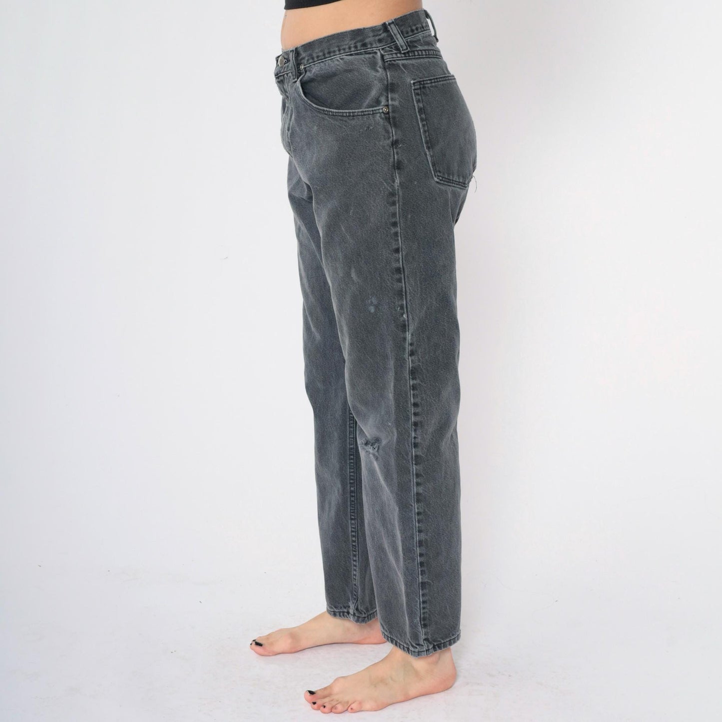 90s Wrangler Faded Black Straight Leg Jeans Knee Rip High Rise 32x30 Men's