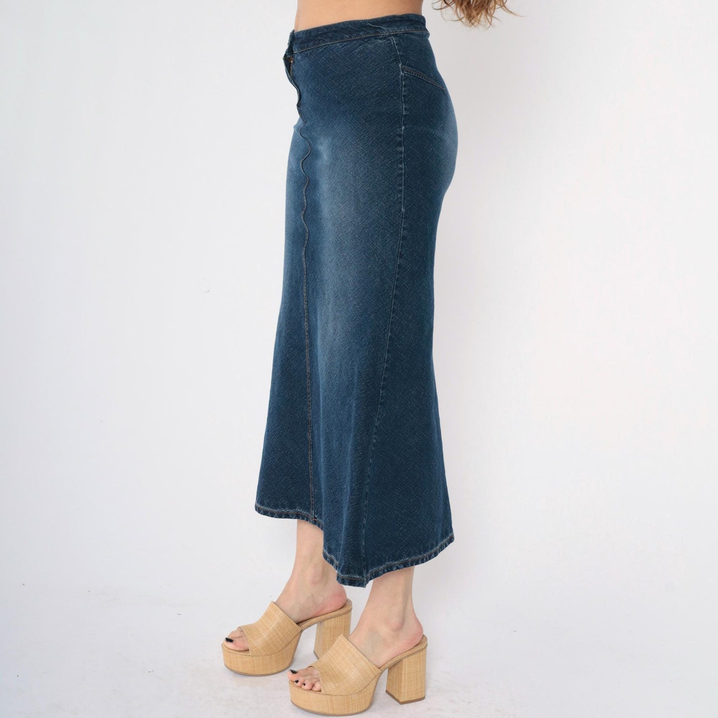 Y2K Dark Wash Denim Maxi Skirt High Rise Flared Jean Faded Blue Medium