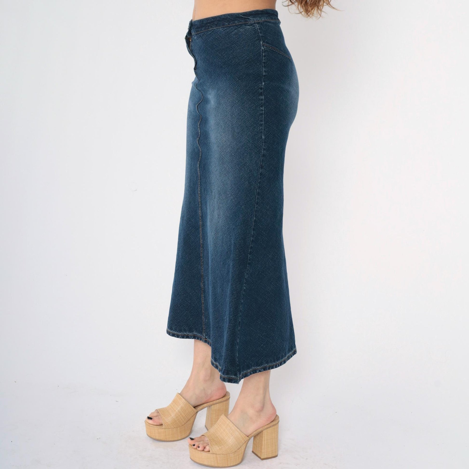 Y2K Dark Wash Denim Maxi Skirt High Rise Flared Jean Faded Blue Medium