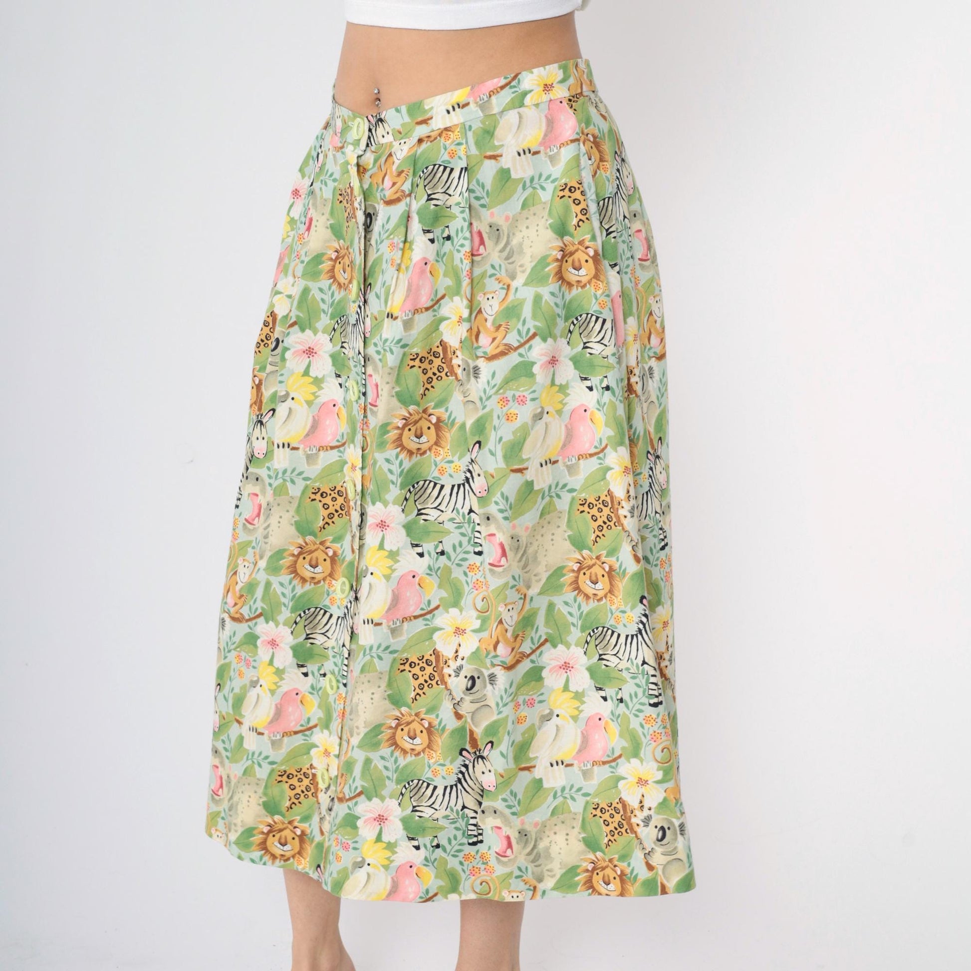 90s Safari Animal Print Midi Skirt Button Front Green Floral Medium