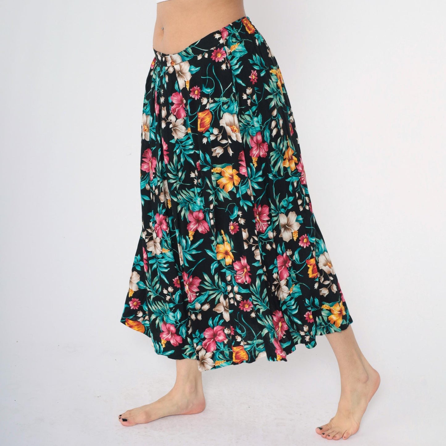 90s Tropical Floral Midi Skirt Black Rayon High Waist Large L