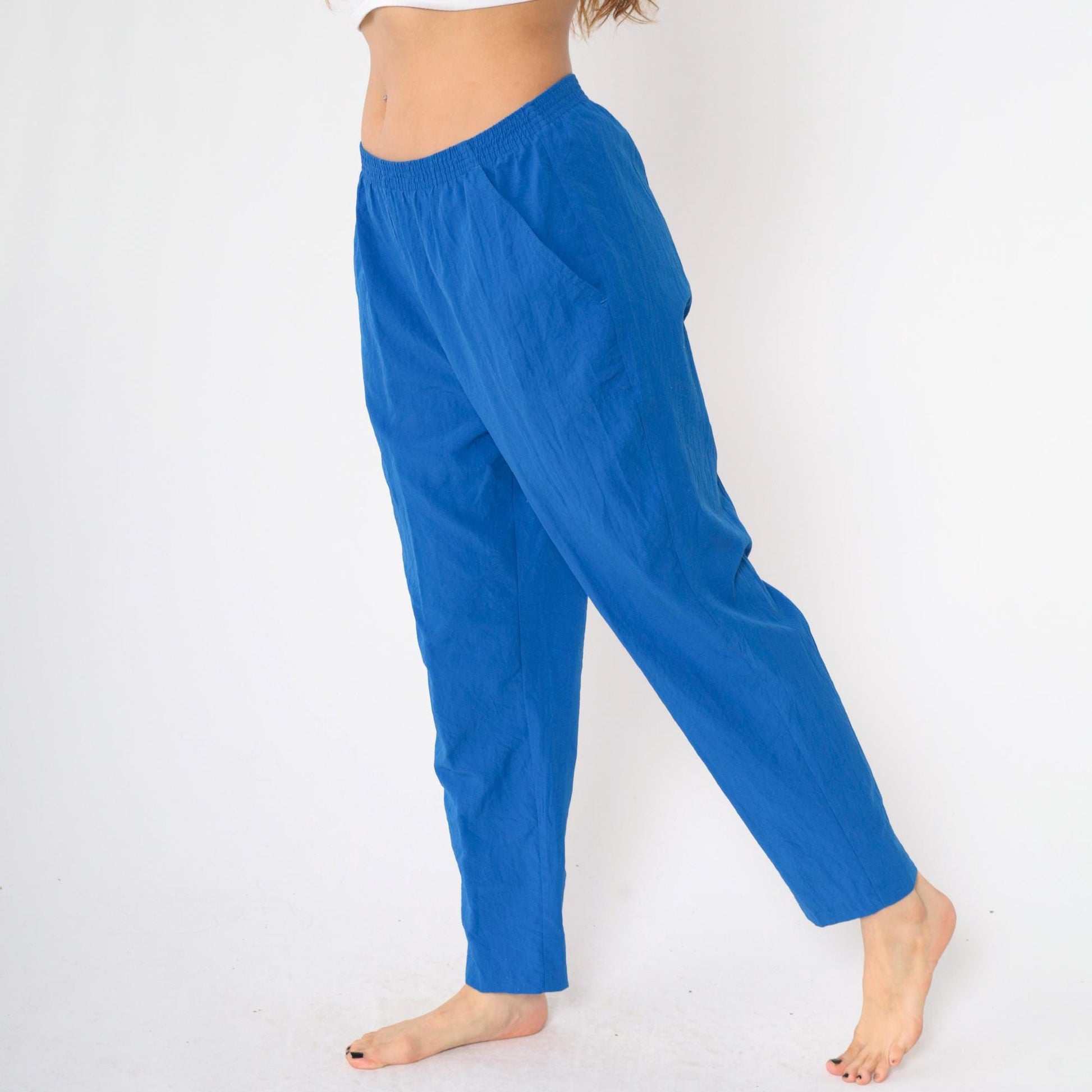 80s Blue Elastic Waist Tapered Trousers Pull-On Medium M