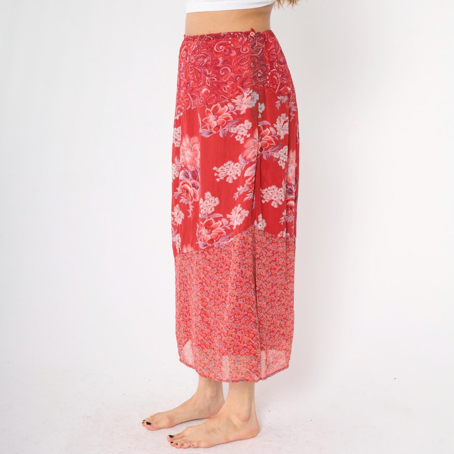 90s Red Floral Paisley Tiered Midi Skirt High Waist Side Zip Medium M