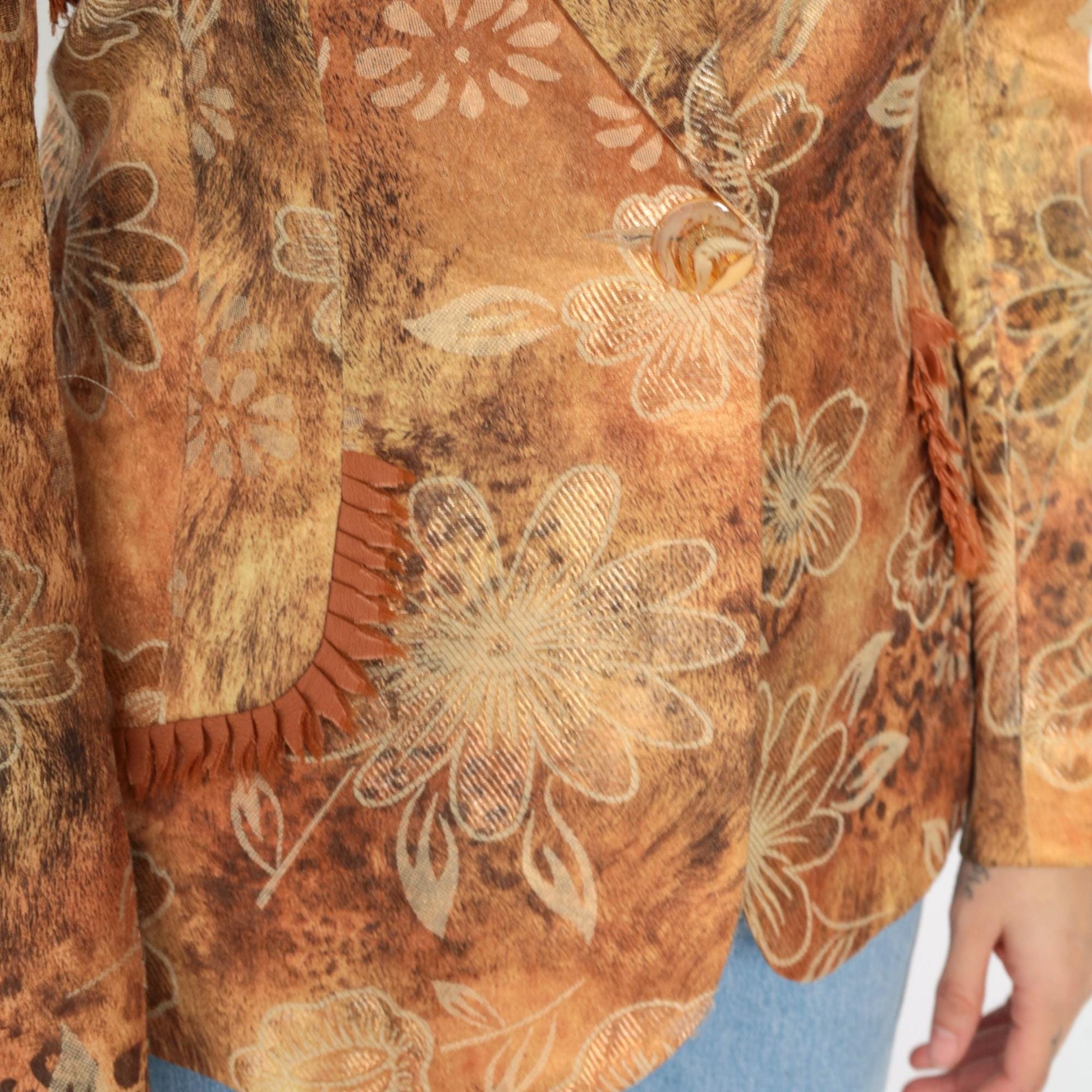 90s Floral Jacquard Blazer Leopard Print Fringe Trim Deep V Burnt Orange Small