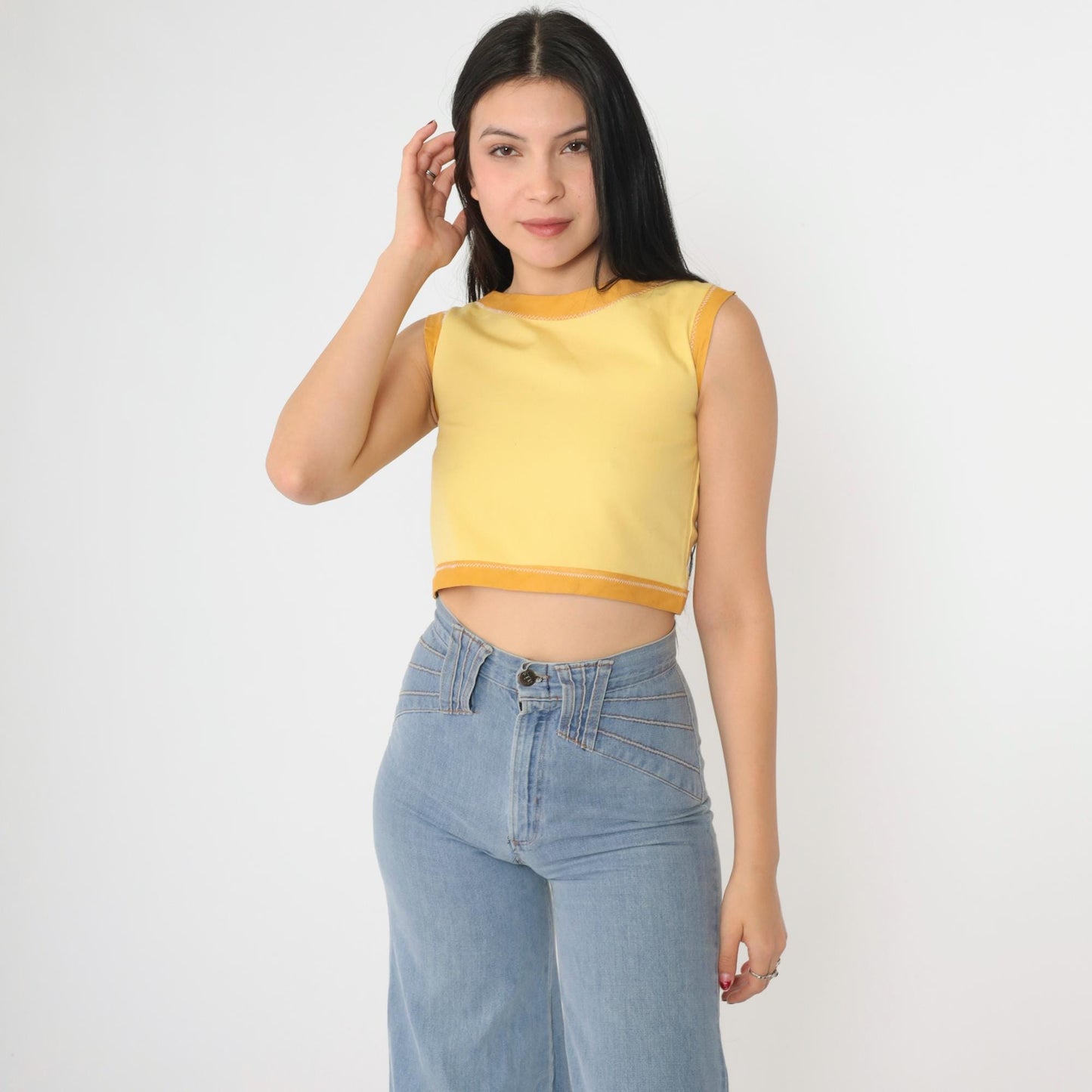 60s Yellow Ringer Crop Tank Top Sleeveless Blouse XXS