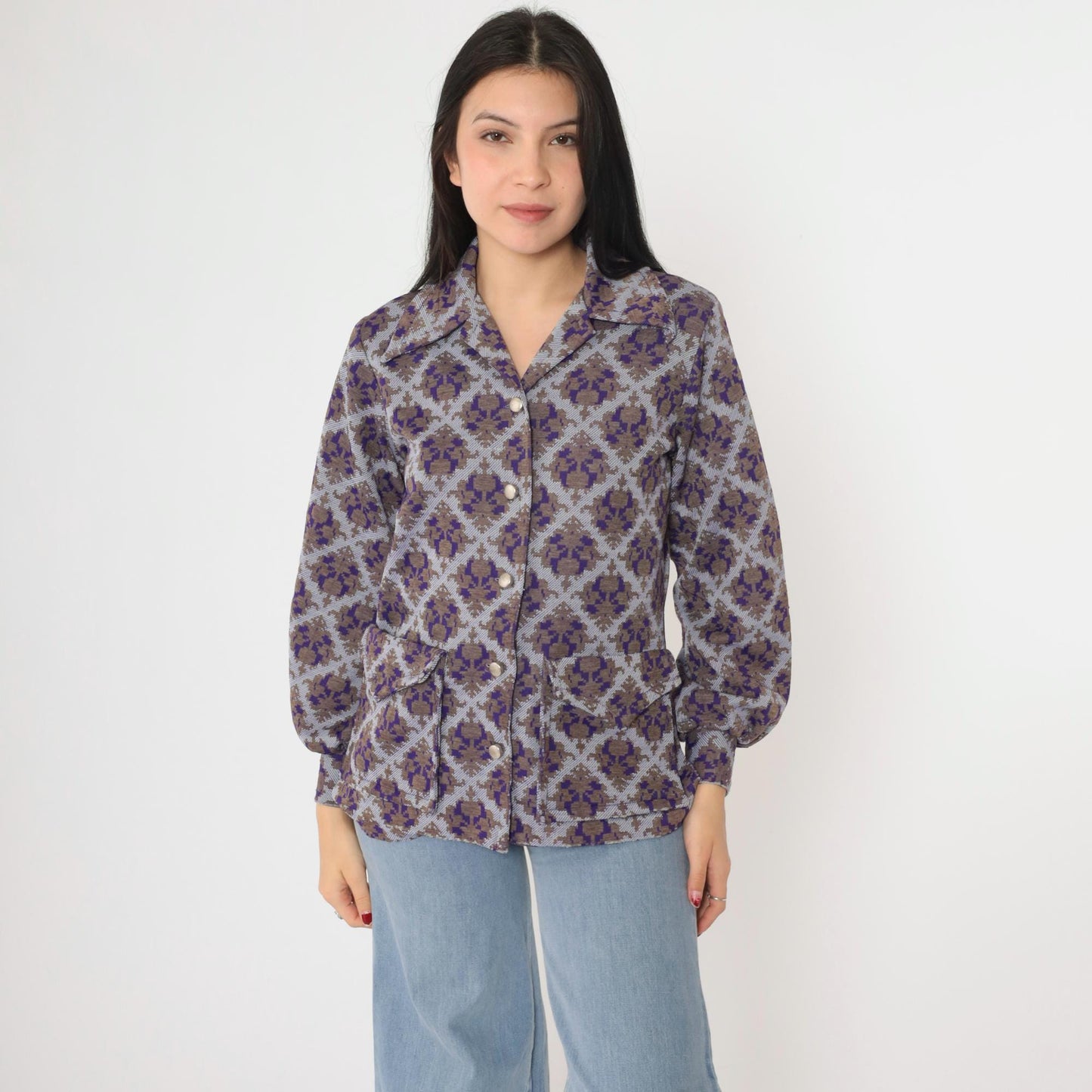 70s Geometric Damask Print Blouse Purple Brown Button Up Long Sleeve Medium M