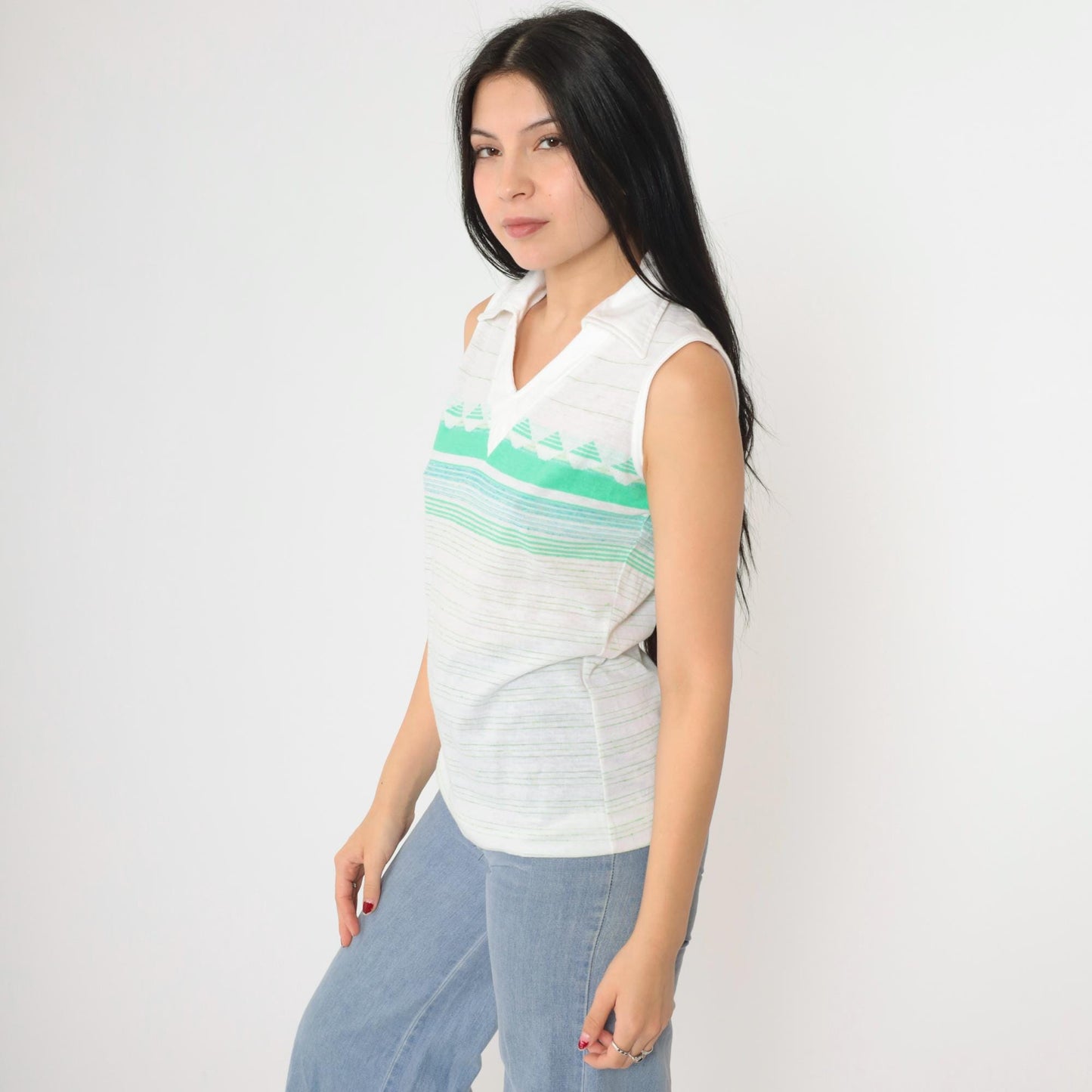 70s Jantzen Striped V-Neck Tank Top White Green Geometric Small