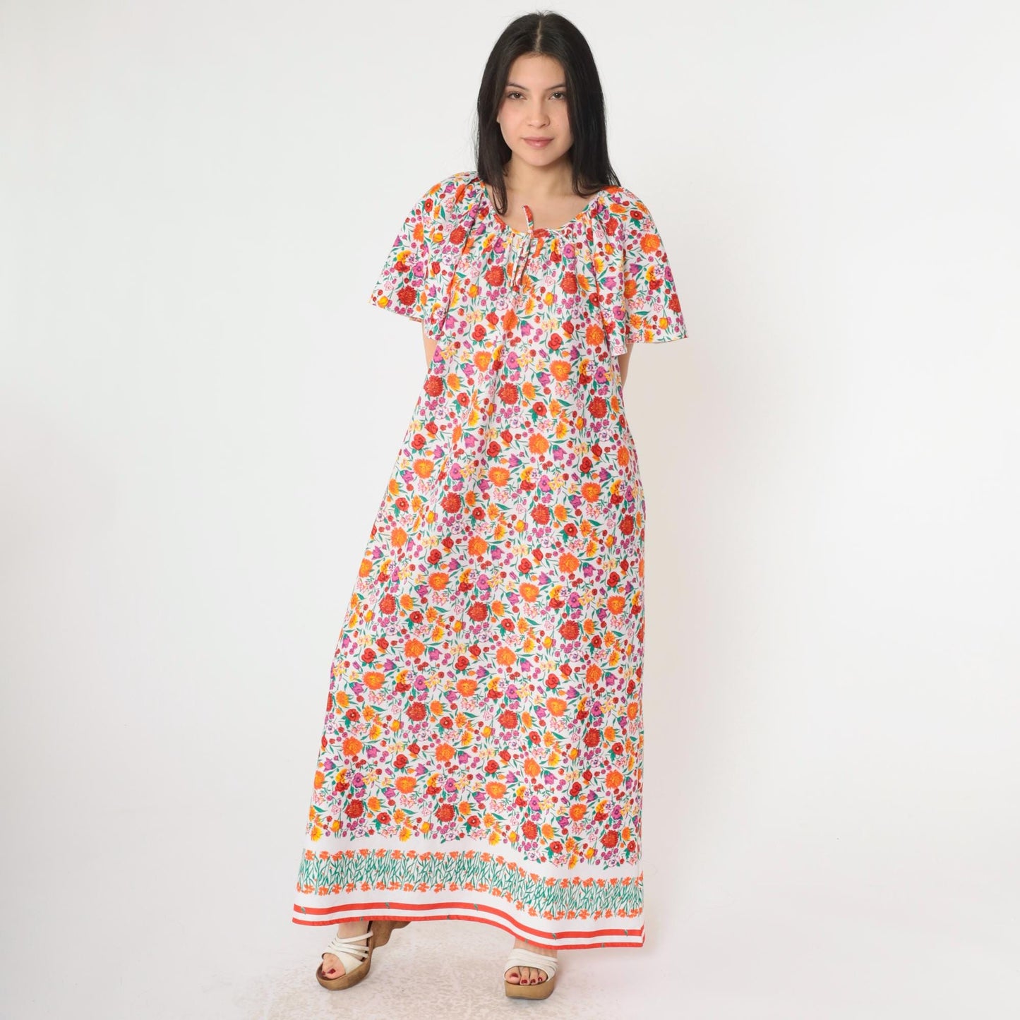 70s Floral Maxi Tent Dress Flutter Sleeve Pullover Large