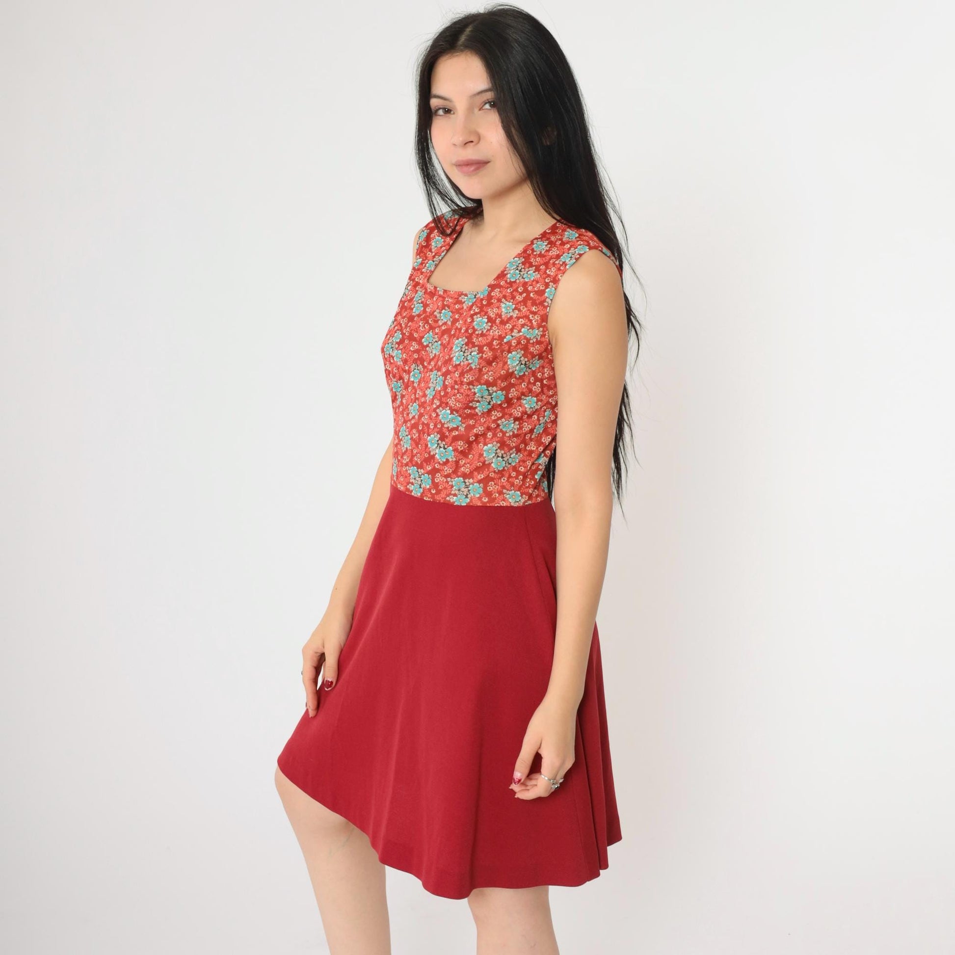 1960s Red Floral Mini Dress Sleeveless High Waist Fit Flare Small