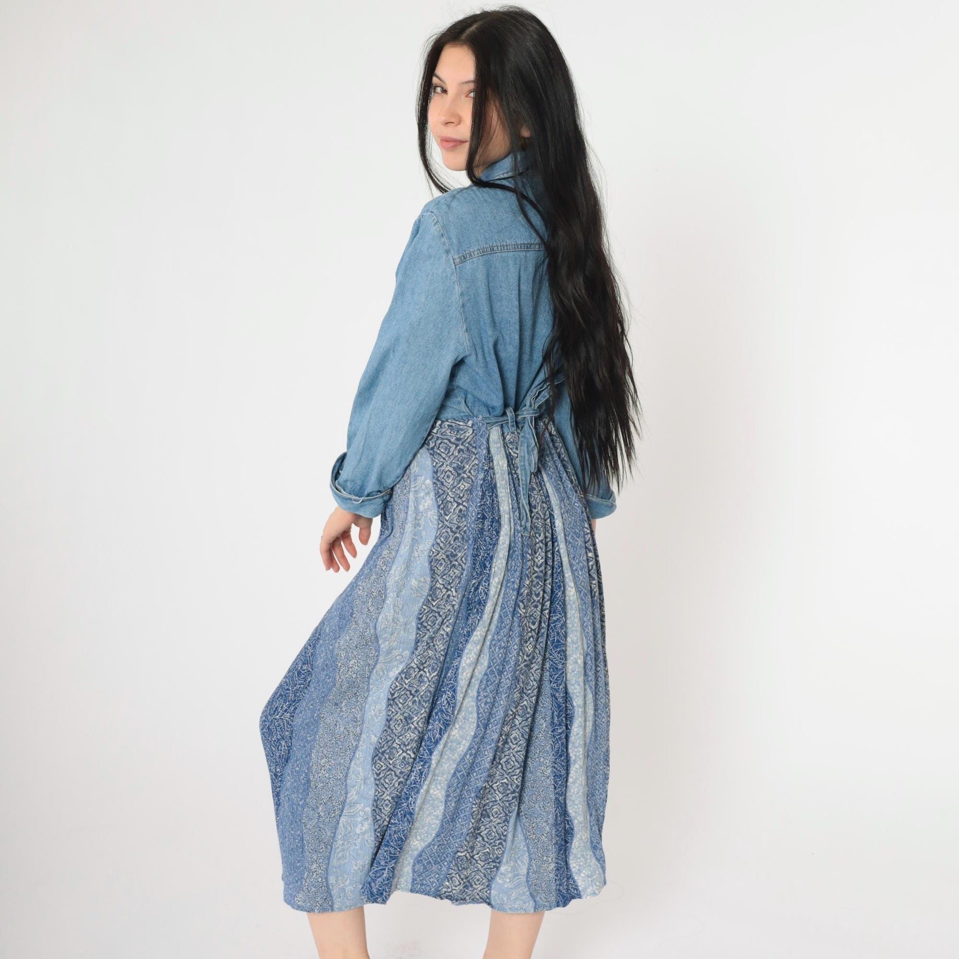 90s Nina Piccalino Denim Dress Floral Embroidered Patchwork Midi Medium