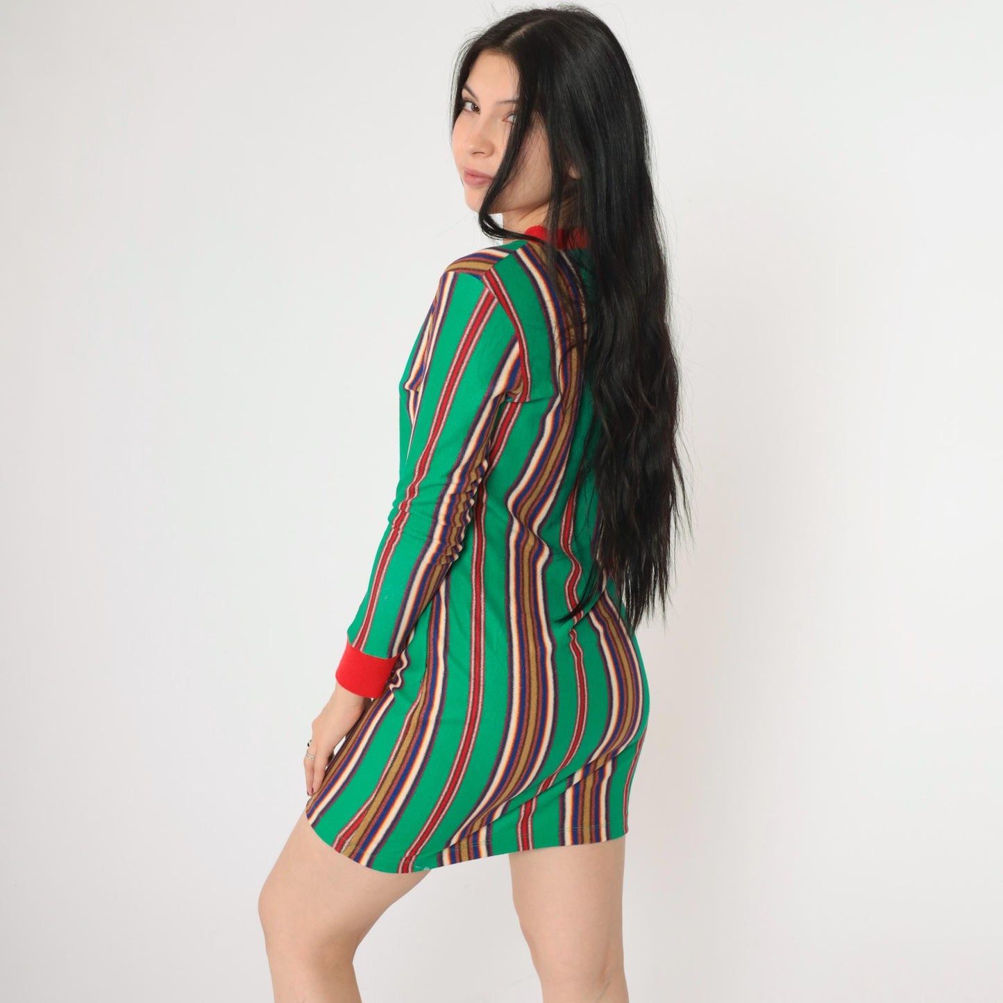 60s Stardust Striped Mini Lounge Dress Green Red Ringer Trim Long Sleeve Extra Small