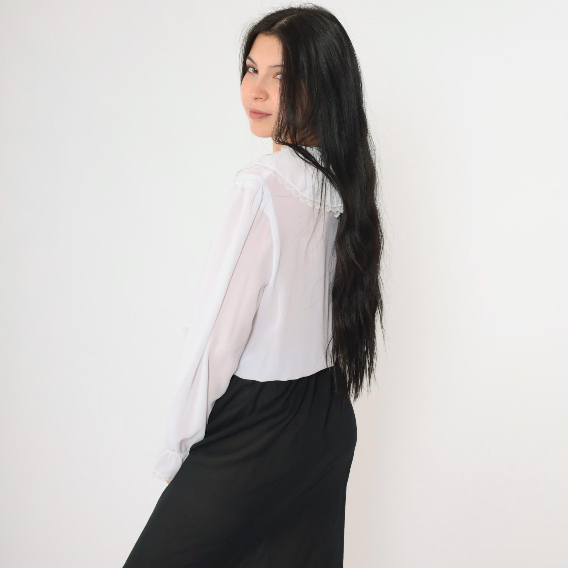 80s Susan Hlavacek Ruffled Collar Midi Dress Black White Semi-Sheer Small Medium
