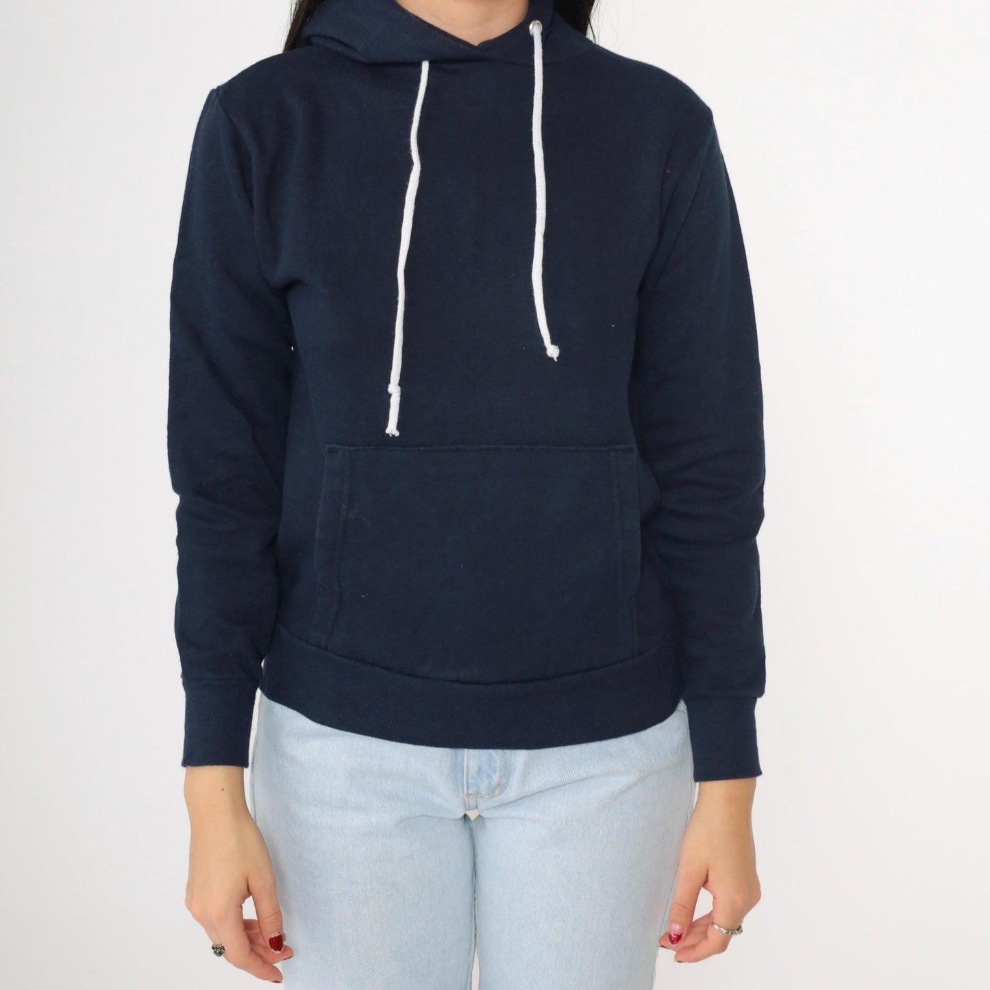 80s Navy Hoodie Sweatshirt Kangaroo Pocket Drawstring Extra Small