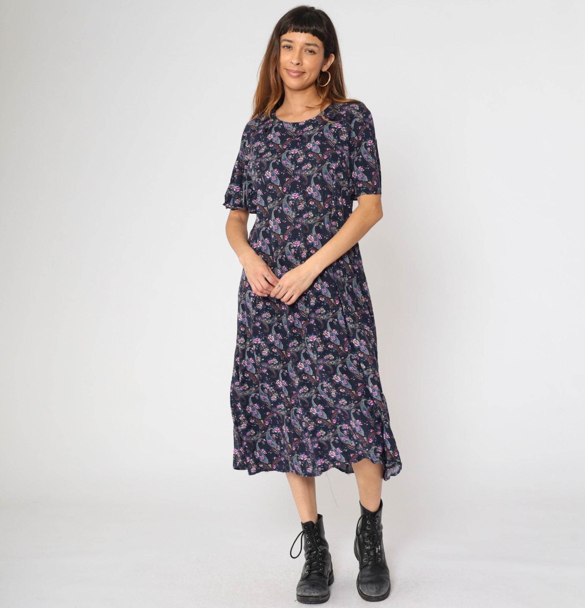90s Kathie Lee Paisley Floral Midi Dress Dark Blue Rayon Princess Seam Medium Large