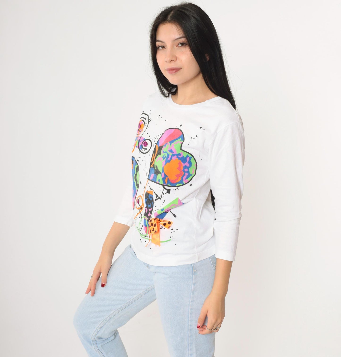 90s Heart Paint Splatter Long Sleeve Graphic Tee White Small