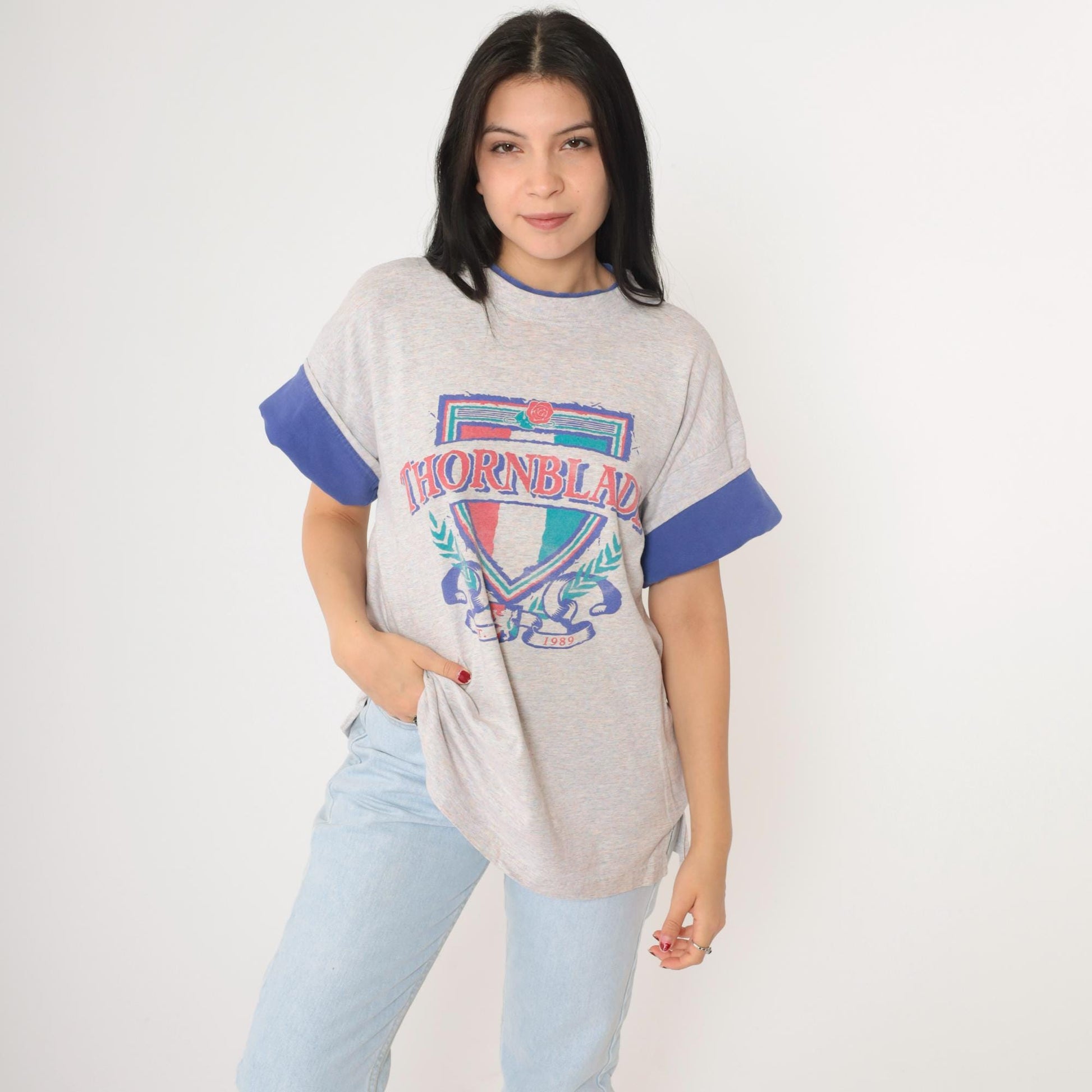 90s Thornblade Golf Club Crest Ringer Tee Heather Grey Blue Large L