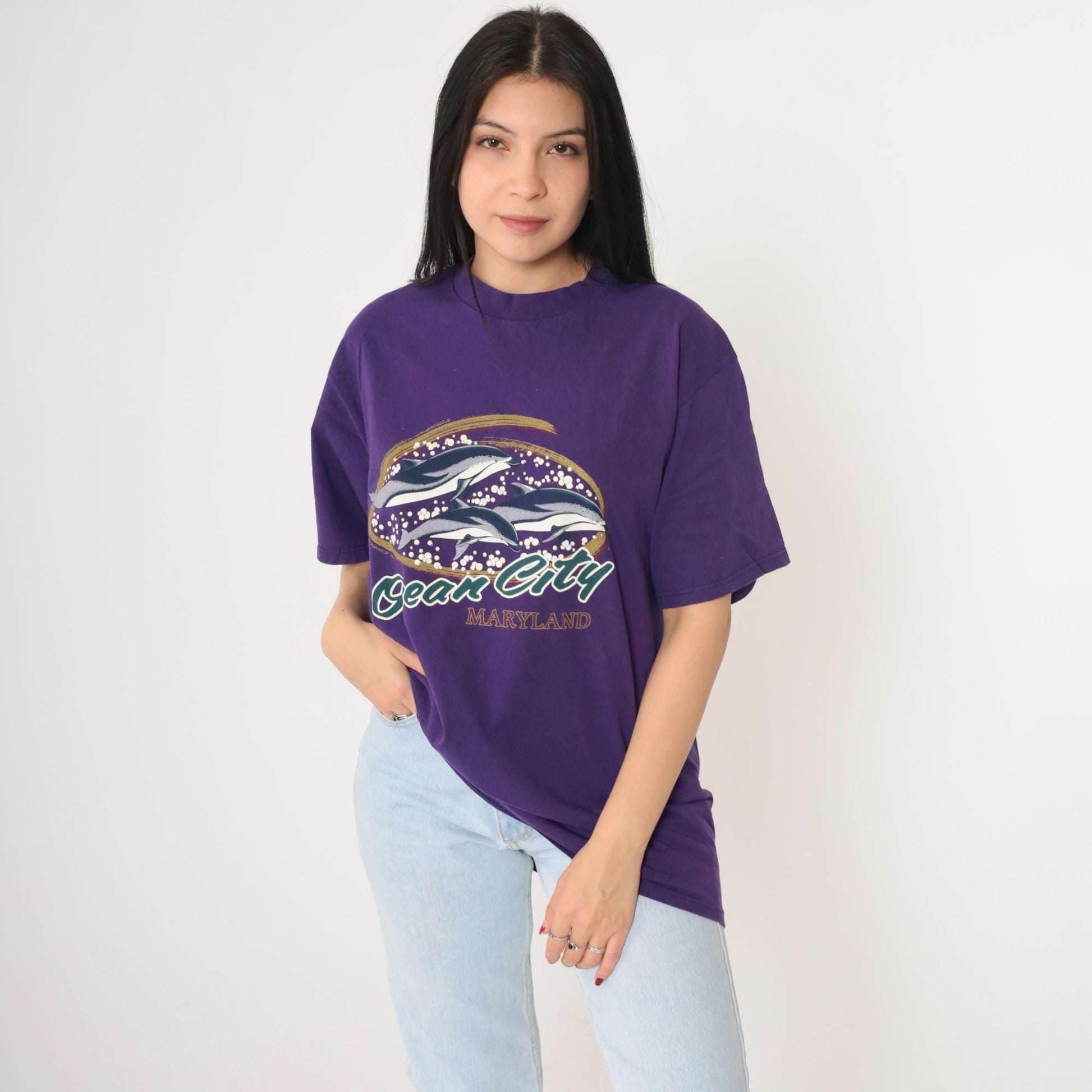 90s Ocean City Maryland Dolphin Graphic T-Shirt Purple Large