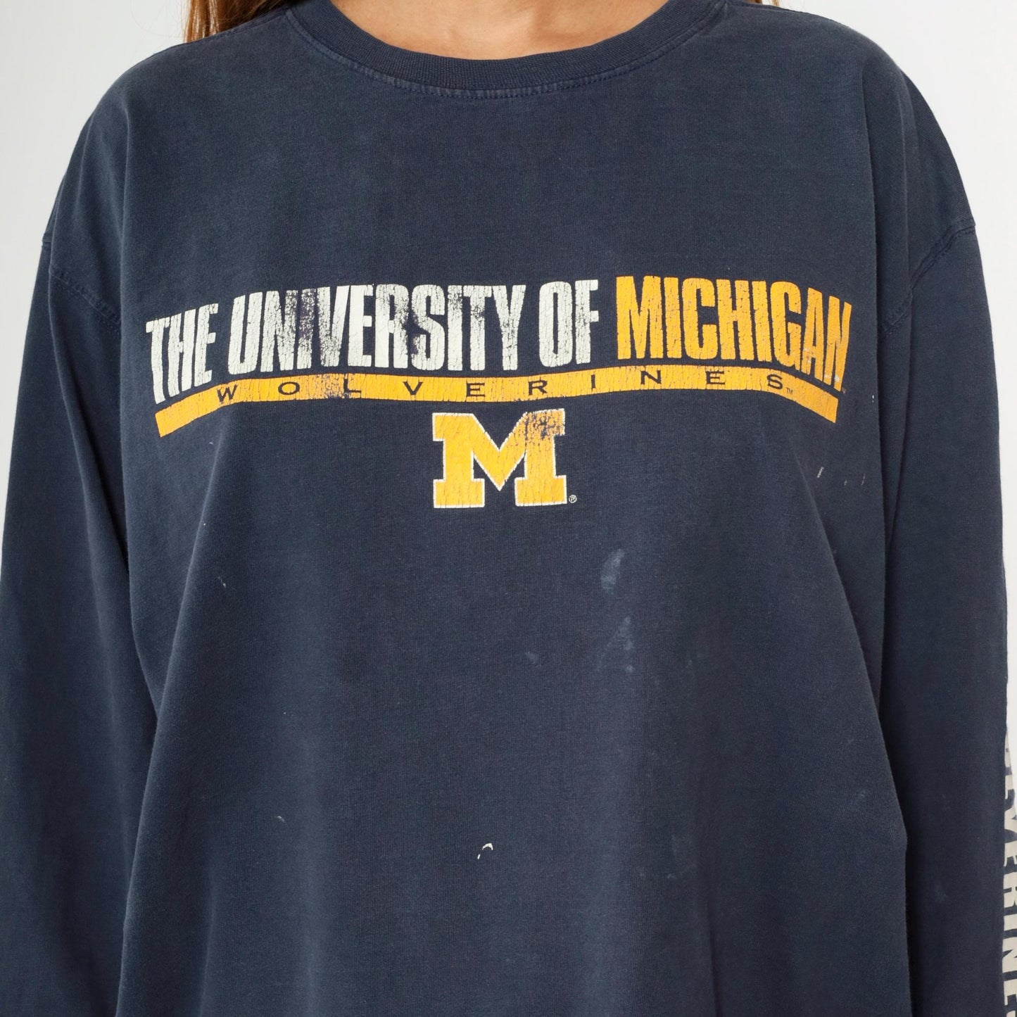 Y2K Michigan Wolverines Graphic Long Sleeve Tee Navy Paint Splatter Large