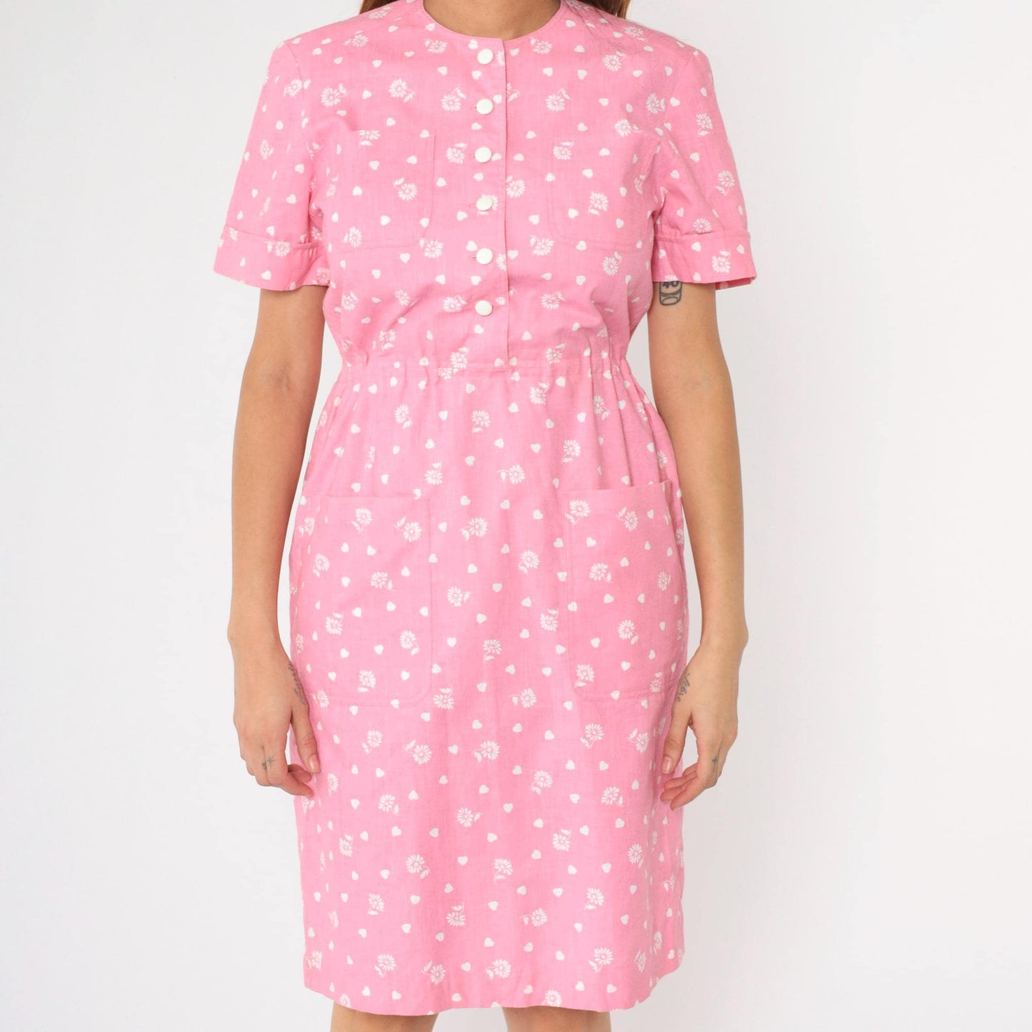 80s Pink Floral Heart Print Shirtdress Button-Up Knee-Length Small