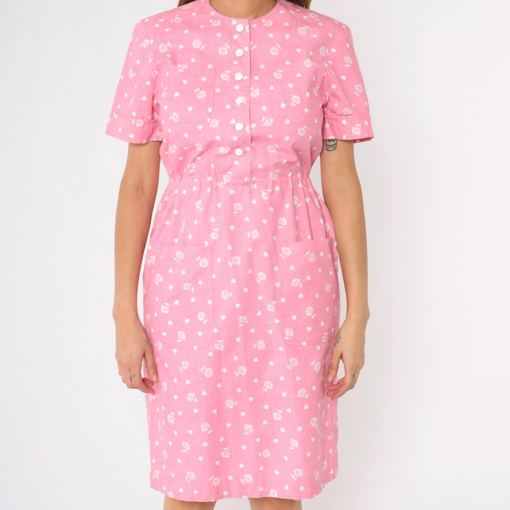 80s Pink Floral Heart Print Shirtdress Button-Up Knee-Length Small
