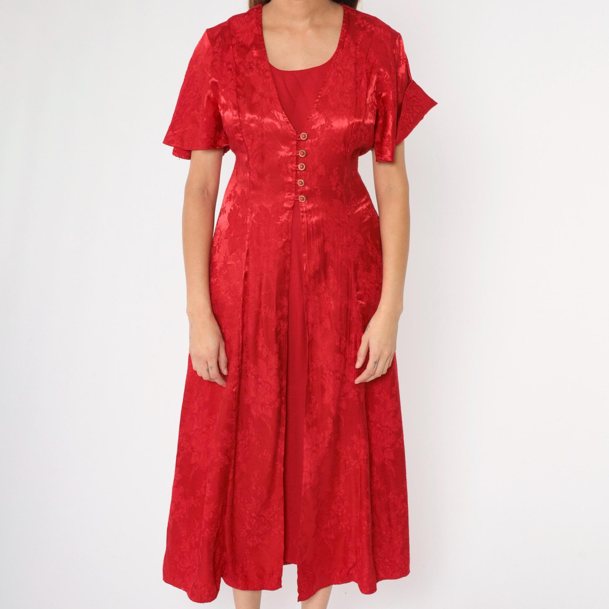 90s Olivia Rose Red Floral Embossed Midi Dress Flutter Sleeve Medium