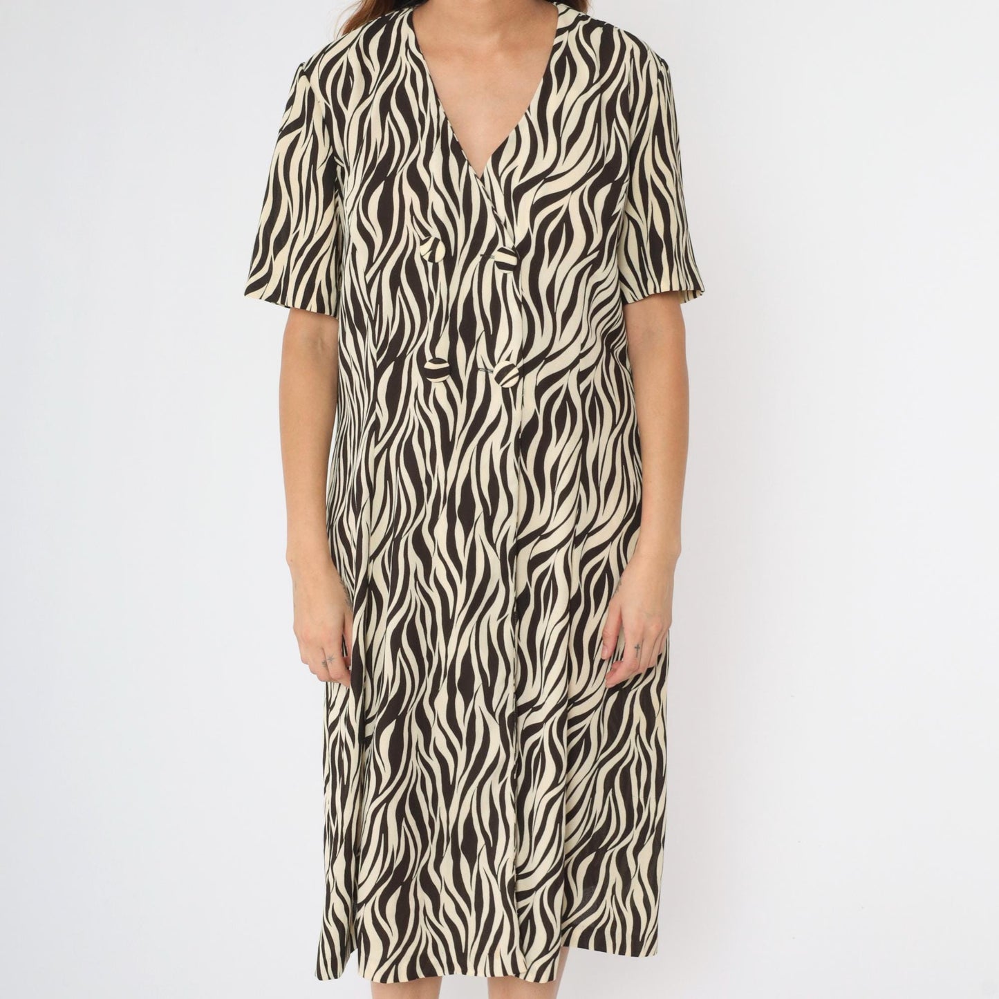 80s Leslie Fay Zebra Print Midi Shirtdress Brown Cream Double-Breasted Extra Large