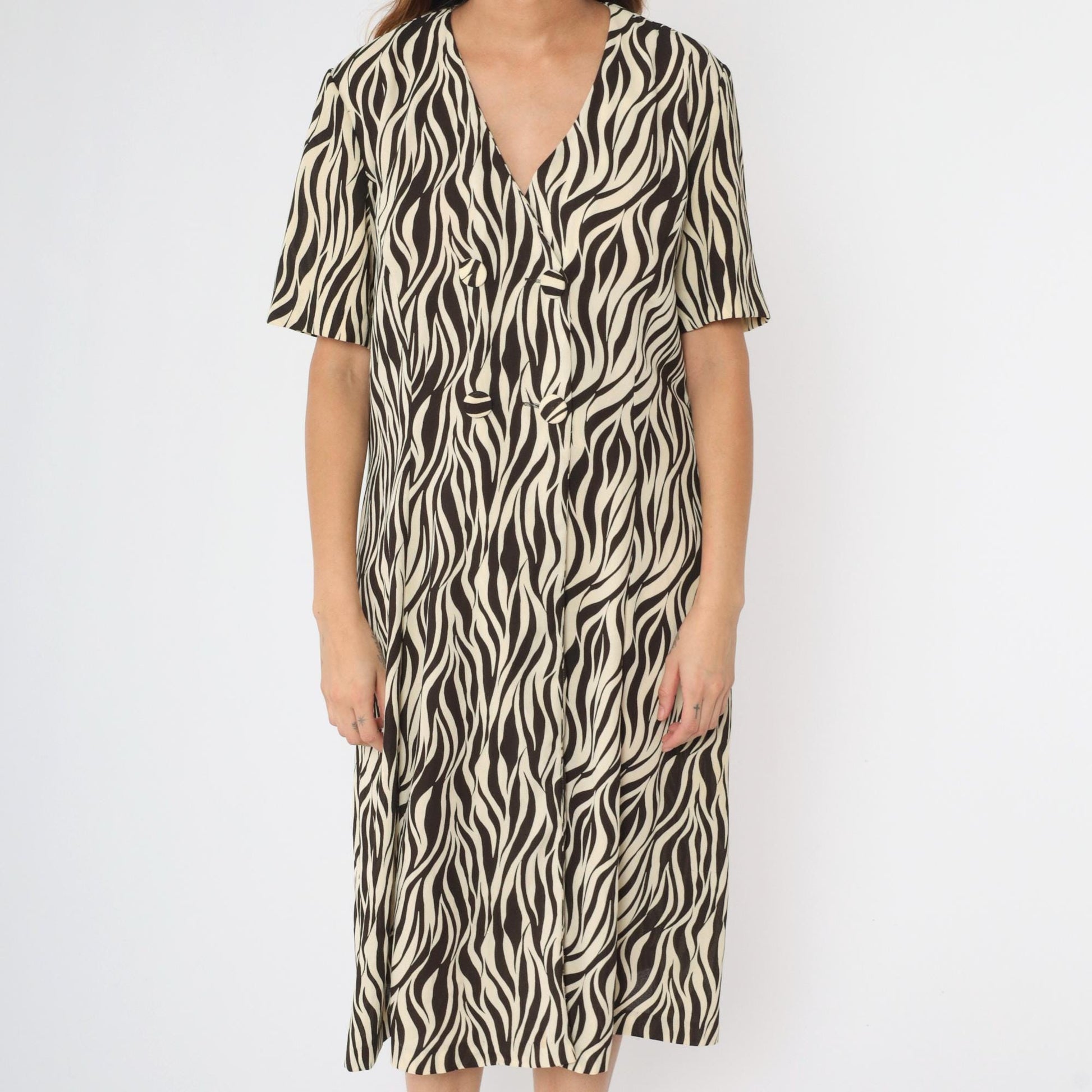 80s Leslie Fay Zebra Print Midi Shirtdress Brown Cream Double-Breasted Extra Large