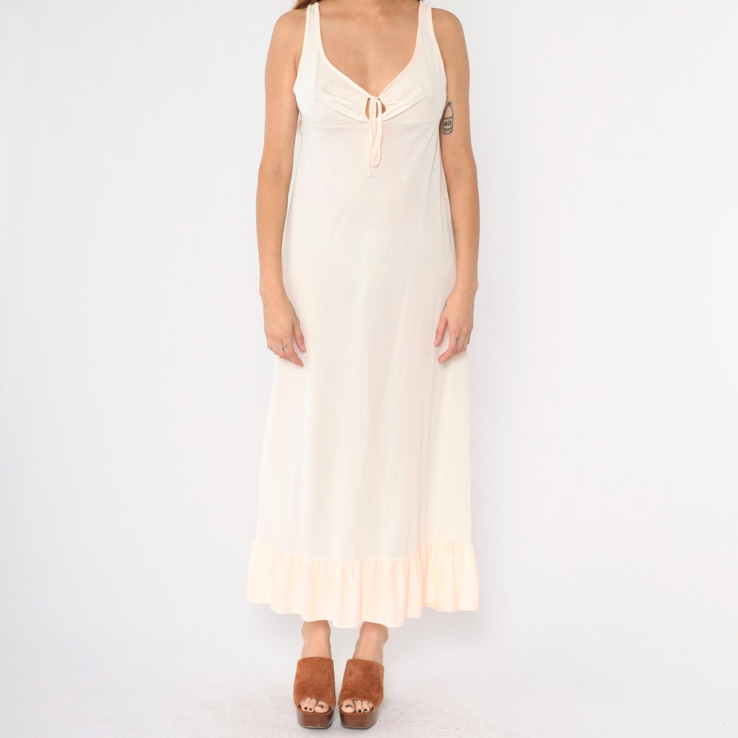 70s Peach Nylon Slip Dress Maxi Keyhole Empire Waist Small Medium