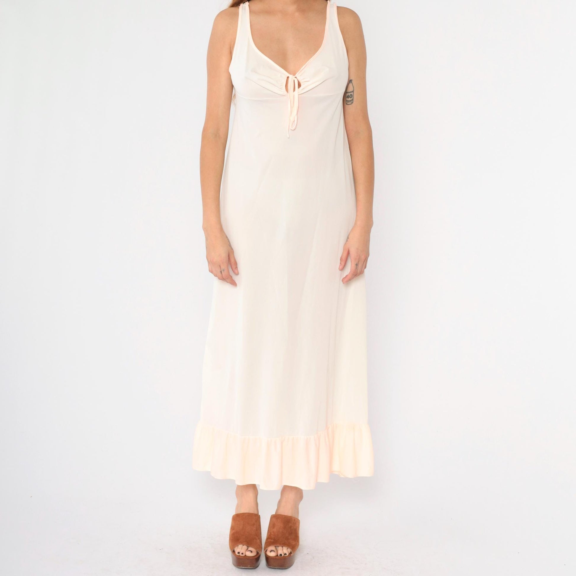 70s Peach Nylon Slip Dress Maxi Keyhole Empire Waist Small Medium