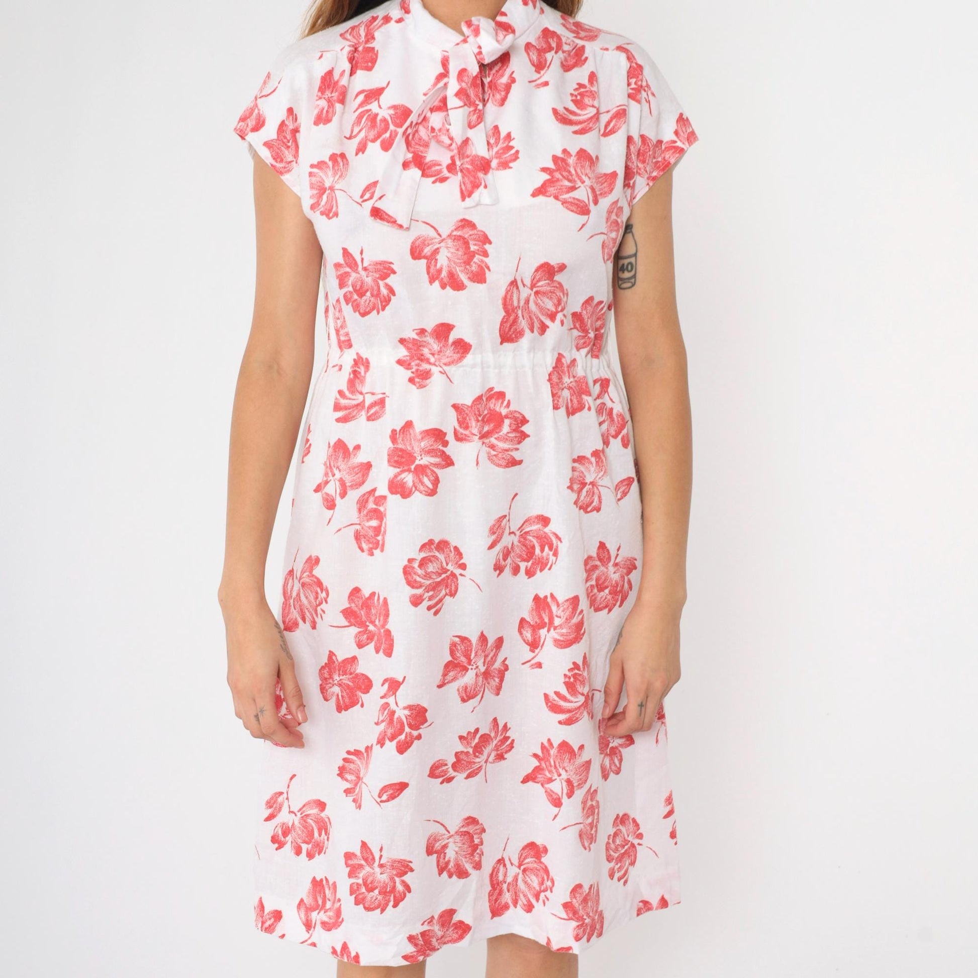 70s Red Floral White Midi Dress High Neck Bow Cap Sleeve Small