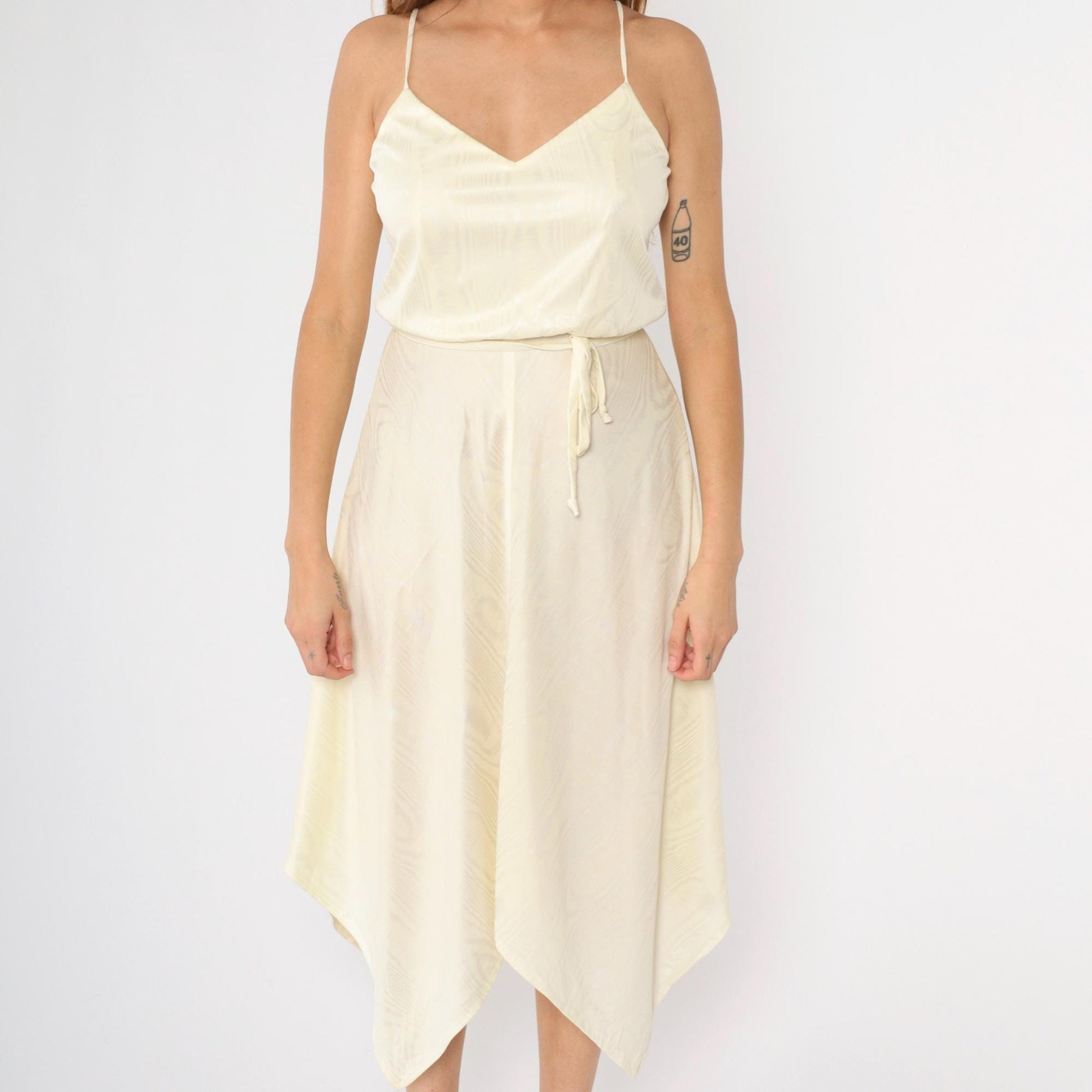 70s Cream Spaghetti Strap Midi Dress Hanky Hem High Waist Small