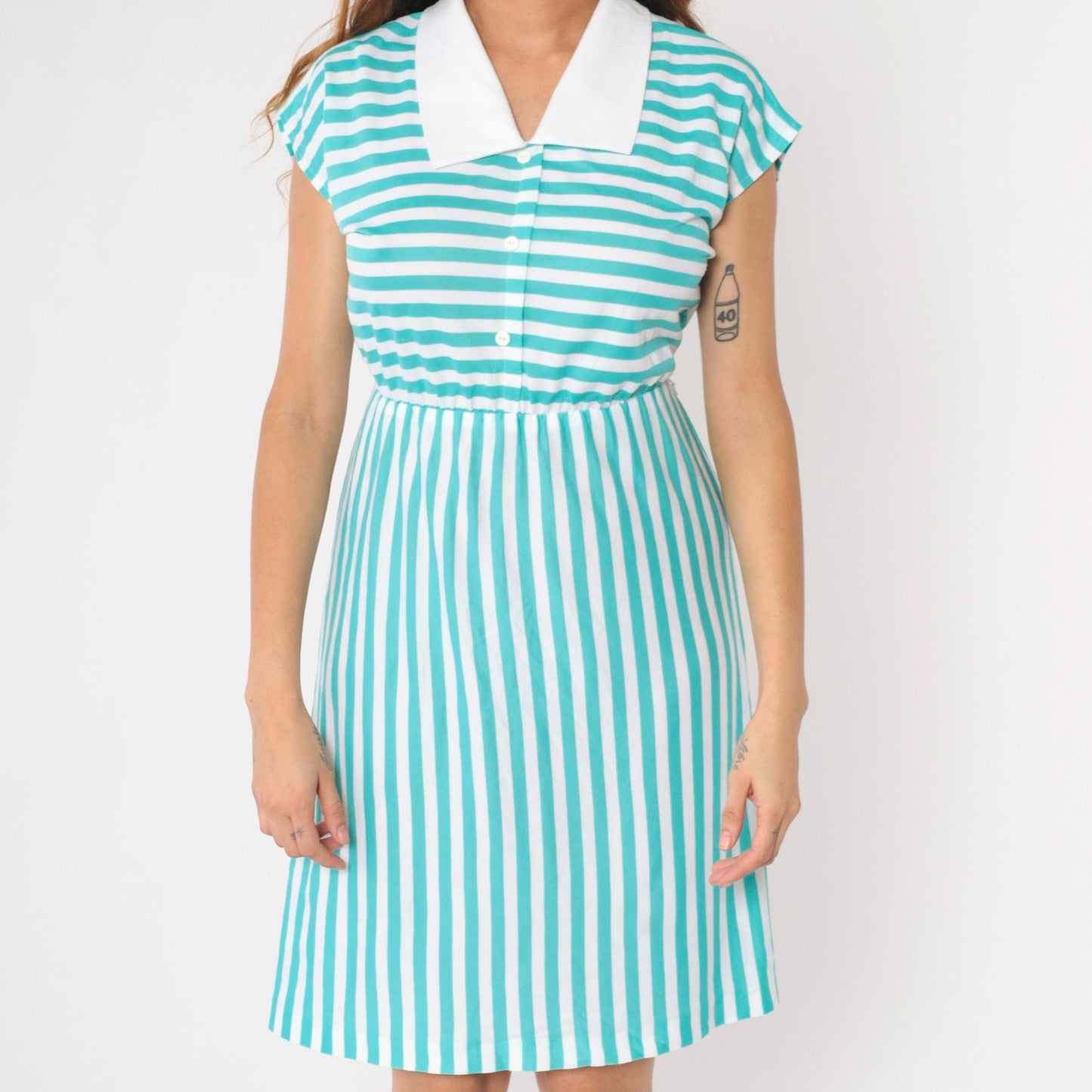 80s Mari Lynn Striped Shirt Dress Blue White Contrast Collar Cap Sleeve Small