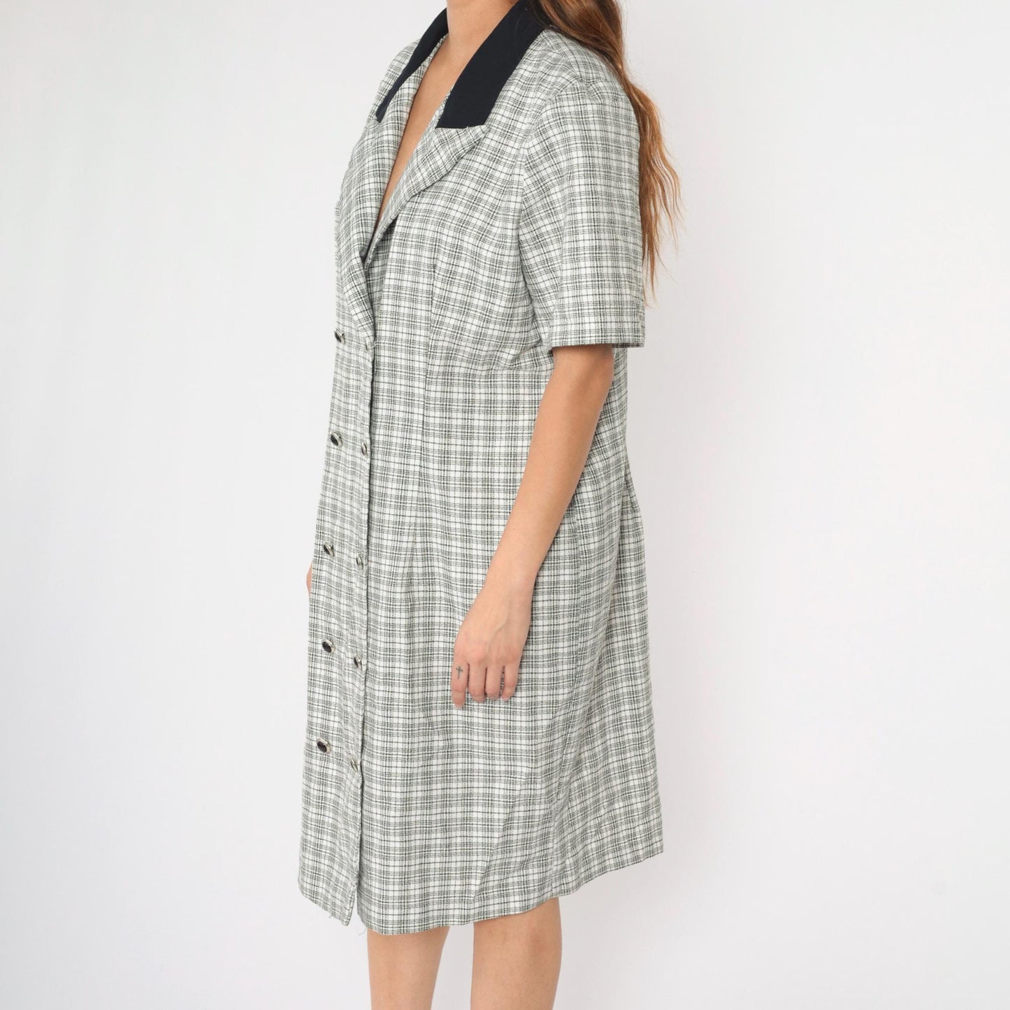 90s Black White Checkered Midi Dress Button Up Short Sleeve Extra Large XL
